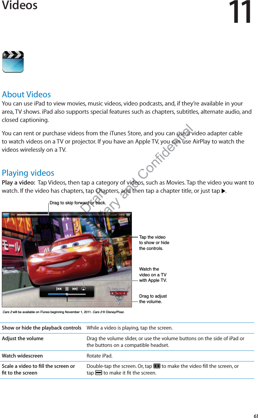 Preliminary Draft Apple Proprietary and Confidential Videos 11About VideosYou can use iPad to view movies, music videos, video podcasts, and, if they’re available in your area, TV shows. iPad also supports special features such as chapters, subtitles, alternate audio, and closed captioning.You can rent or purchase videos from the iTunes Store, and you can use a video adapter cable to watch videos on a TV or projector. If you have an Apple TV, you can use AirPlay to watch the videos wirelessly on a TV.Playing videosPlay a video:  Tap Videos, then tap a category of videos, such as Movies. Tap the video you want to watch. If the video has chapters, tap Chapters, and then tap a chapter title, or just tap  .&amp;DUVZLOOEHDYDLODEOHRQL7XQHVEHJLQQLQJ1RYHPEHU&amp;DUV&apos;LVQH\3L[DU&apos;UDJWRVNLSIRUZDUGRUEDFN7DSWKHYLGHRWRVKRZRUKLGHWKHFRQWUROV:DWFKWKHYLGHRRQD79ZLWK$SSOH79&apos;UDJWRDGMXVWWKHYROXPHShow or hide the playback controls While a video is playing, tap the screen.Adjust the volume Drag the volume slider, or use the volume buttons on the side of iPad or the buttons on a compatible headset.Watch widescreen Rotate iPad.Scale a video to ﬁll the screen or  ﬁt to the screenDouble-tap the screen. Or, tap   to make the video ﬁll the screen, or  tap   to make it ﬁt the screen.61