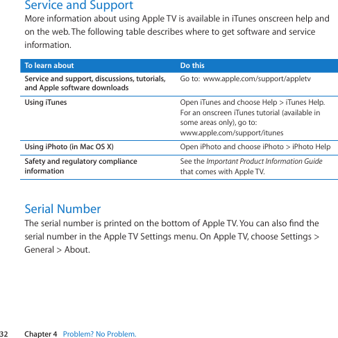 32 Chapter 4    Problem? No Problem.Chapter 4    Problem? No Problem.Service and SupportMoreinformationaboutusingAppleTVisavailableiniTunesonscreenhelpandontheweb.Thefollowingtabledescribeswheretogetsoftwareandserviceinformation.To learn about Do thisService and support, discussions, tutorials, and Apple software downloadsGoto:www.apple.com/support/appletvUsing iTunes OpeniTunesandchooseHelp&gt;iTunesHelp.ForanonscreeniTunestutorial(availableinsomeareasonly),goto:www.apple.com/support/itunesUsing iPhoto (in Mac OS X) OpeniPhotoandchooseiPhoto&gt;iPhotoHelpSafety and regulatory compliance informationSeetheImportant Product Information GuidethatcomeswithAppleTV.Serial NumberTheserialnumberisprintedonthebottomofAppleTV.YoucanalsondtheserialnumberintheAppleTVSettingsmenu.OnAppleTV,chooseSettings&gt;General&gt;About.