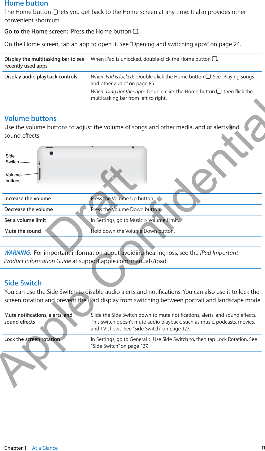 Home buttonThe Home button   lets you get back to the Home screen at any time. It also provides other convenient shortcuts.Go to the Home screen:  Press the Home button  .On the Home screen, tap an app to open it. See “Opening and switching apps” on page 24.Display the multitasking bar to see recently used appsWhen iPad is unlocked, double-click the Home button  . Display audio playback controls When iPad is locked:  Double-click the Home button  . See “Playing songs and other audio” on page 85.When using another app:  Double-click the Home button  , then ick the multitasking bar from left to right.Volume buttonsUse the volume buttons to adjust the volume of songs and other media, and of alerts and  sound eects.VolumebuttonsVolumebuttonsSideSwitchSideSwitchIncrease the volume Press the Volume Up button. Decrease the volume Press the Volume Down button.Set a volume limit In Settings, go to Music &gt; Volume Limit.Mute the sound Hold down the Volume Down button. WARNING:  For important information about avoiding hearing loss, see the iPad Important Product Information Guide at support.apple.com/manuals/ipad. Side SwitchYou can use the Side Switch to disable audio alerts and notications. You can also use it to lock the screen rotation and prevent the iPad display from switching between portrait and landscape mode. Mute notications, alerts, and sound eectsSlide the Side Switch down to mute notications, alerts, and sound eects. This switch doesn’t mute audio playback, such as music, podcasts, movies, and TV shows. See “Side Switch” on page 12 7.Lock the screen rotation In Settings, go to General &gt; Use Side Switch to, then tap Lock Rotation. See “Side Switch” on page 12 7.11Chapter 1    At a Glance          Draft  Apple Confidential 