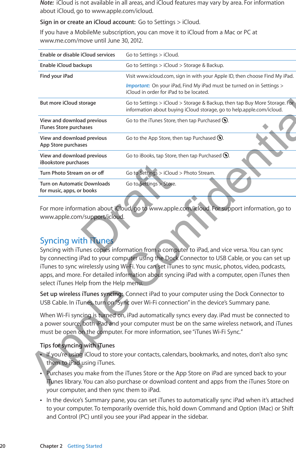 Note:  iCloud is not available in all areas, and iCloud features may vary by area. For information about iCloud, go to www.apple.com/icloud.Sign in or create an iCloud account:  Go to Settings &gt; iCloud.If you have a MobileMe subscription, you can move it to iCloud from a Mac or PC at  www.me.com/move until June 30, 2012.Enable or disable iCloud services Go to Settings &gt; iCloud.Enable iCloud backups Go to Settings &gt; iCloud &gt; Storage &amp; Backup.Find your iPad Visit www.icloud.com, sign in with your Apple ID, then choose Find My iPad. Important:  On your iPad, Find My iPad must be turned on in Settings &gt; iCloud in order for iPad to be located.But more iCloud storage Go to Settings &gt; iCloud &gt; Storage &amp; Backup, then tap Buy More Storage. For information about buying iCloud storage, go to help.apple.com/icloud.View and download previous iTunes Store purchasesGo to the iTunes Store, then tap Purchased  .View and download previous  App Store purchasesGo to the App Store, then tap Purchased  .View and download previous iBookstore purchasesGo to iBooks, tap Store, then tap Purchased  .Turn Photo Stream on or o Go to Settings &gt; iCloud &gt; Photo Stream.Turn on Automatic Downloads  for music, apps, or booksGo to Settings &gt; Store.For more information about iCloud, go to www.apple.com/icloud. For support information, go to www.apple.com/support/icloud.Syncing with iTunesSyncing with iTunes copies information from a computer to iPad, and vice versa. You can sync by connecting iPad to your computer using the Dock Connector to USB Cable, or you can set up iTunes to sync wirelessly using Wi-Fi. You can set iTunes to sync music, photos, video, podcasts, apps, and more. For detailed information about syncing iPad with a computer, open iTunes then select iTunes Help from the Help menu.Set up wireless iTunes syncing:  Connect iPad to your computer using the Dock Connector to USB Cable. In iTunes, turn on “Sync over Wi-Fi connection” in the device’s Summary pane. When Wi-Fi syncing is turned on, iPad automatically syncs every day. iPad must be connected to a power source, both iPad and your computer must be on the same wireless network, and iTunes must be open on the computer. For more information, see “iTunes Wi-Fi Sync.” Tips for syncing with iTunesIf you’re using iCloud to store your contacts, calendars, bookmarks, and notes, don’t also sync  Âthem to iPad using iTunes.Purchases you make from the iTunes Store or the App Store on iPad are synced back to your  ÂiTunes library. You can also purchase or download content and apps from the iTunes Store on your computer, and then sync them to iPad.In the device’s Summary pane, you can set iTunes to automatically sync iPad when it’s attached  Âto your computer. To temporarily override this, hold down Command and Option (Mac) or Shift and Control (PC) until you see your iPad appear in the sidebar.20 Chapter 2    Getting Started          Draft  Apple Confidential 