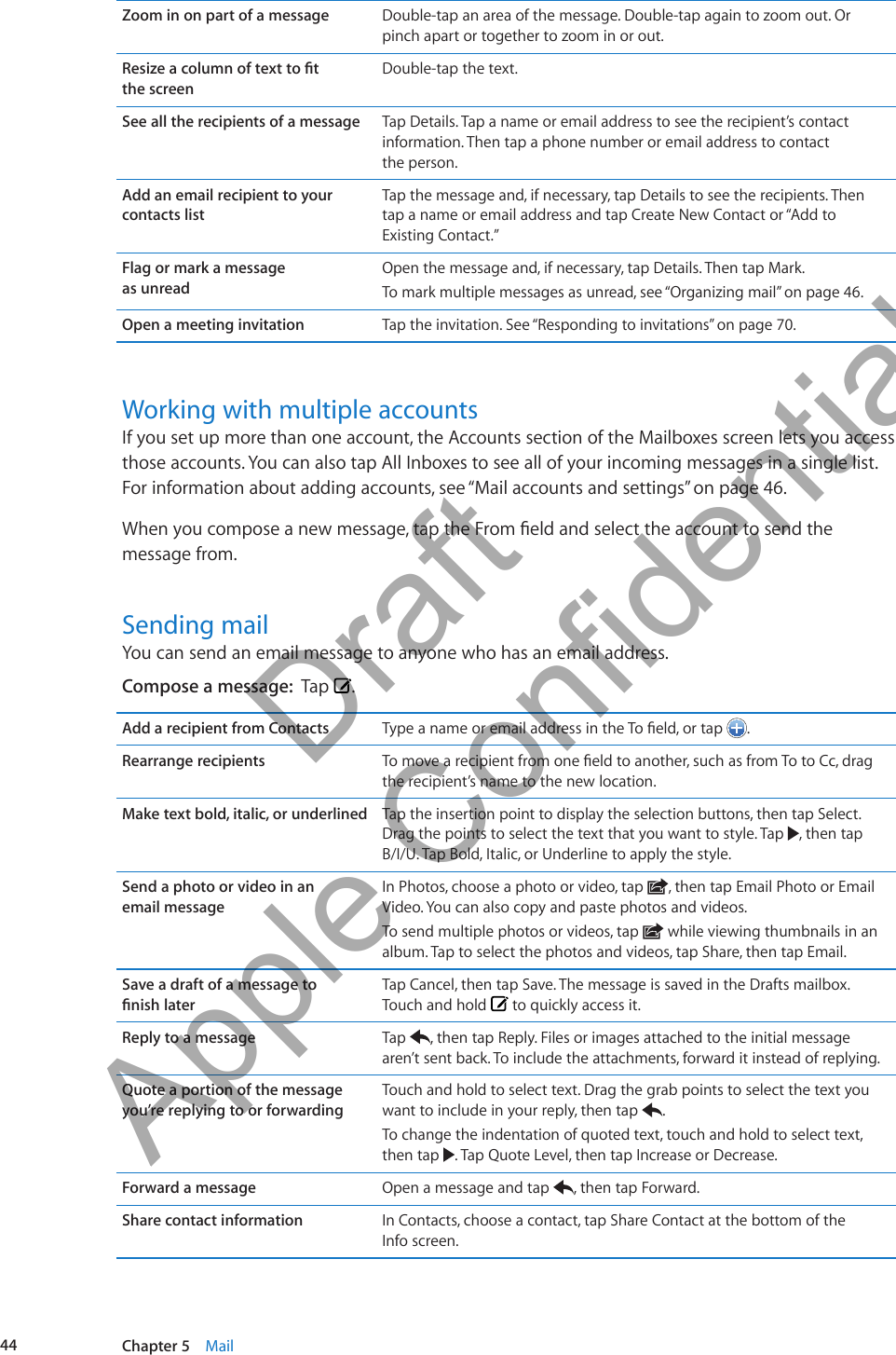 Zoom in on part of a message Double-tap an area of the message. Double-tap again to zoom out. Or pinch apart or together to zoom in or out.Resize a column of text to t  the screenDouble-tap the text.See all the recipients of a message Tap Details. Tap a name or email address to see the recipient’s contact information. Then tap a phone number or email address to contact  the person.Add an email recipient to your contacts listTap the message and, if necessary, tap Details to see the recipients. Then  tap a name or email address and tap Create New Contact or “Add to Existing Contact.”Flag or mark a message  as unreadOpen the message and, if necessary, tap Details. Then tap Mark.To mark multiple messages as unread, see “Organizing mail” on page 46.Open a meeting invitation Tap the invitation. See “Responding to invitations” on page 70.Working with multiple accountsIf you set up more than one account, the Accounts section of the Mailboxes screen lets you access those accounts. You can also tap All Inboxes to see all of your incoming messages in a single list. For information about adding accounts, see “Mail accounts and settings” on page 46.When you compose a new message, tap the From eld and select the account to send the message from.Sending mailYou can send an email message to anyone who has an email address.Compose a message:  Tap  .Add a recipient from Contacts Type a name or email address in the To eld, or tap  .Rearrange recipients To move a recipient from one eld to another, such as from To to Cc, drag the recipient’s name to the new location.Make text bold, italic, or underlined Tap the insertion point to display the selection buttons, then tap Select. Drag the points to select the text that you want to style. Tap  , then tap B/I/U. Tap Bold, Italic, or Underline to apply the style.Send a photo or video in an  email messageIn Photos, choose a photo or video, tap  , then tap Email Photo or Email Video. You can also copy and paste photos and videos.To send multiple photos or videos, tap   while viewing thumbnails in an album. Tap to select the photos and videos, tap Share, then tap Email.Save a draft of a message to  nish laterTap Cancel, then tap Save. The message is saved in the Drafts mailbox. Touch and hold   to quickly access it.Reply to a message Tap  , then tap Reply. Files or images attached to the initial message aren’t sent back. To include the attachments, forward it instead of replying.Quote a portion of the message you’re replying to or forwardingTouch and hold to select text. Drag the grab points to select the text you want to include in your reply, then tap  .To change the indentation of quoted text, touch and hold to select text, then tap  . Tap Quote Level, then tap Increase or Decrease.Forward a message Open a message and tap  , then tap Forward.Share contact information In Contacts, choose a contact, tap Share Contact at the bottom of the  Info screen.44 Chapter 5    Mail          Draft  Apple Confidential 