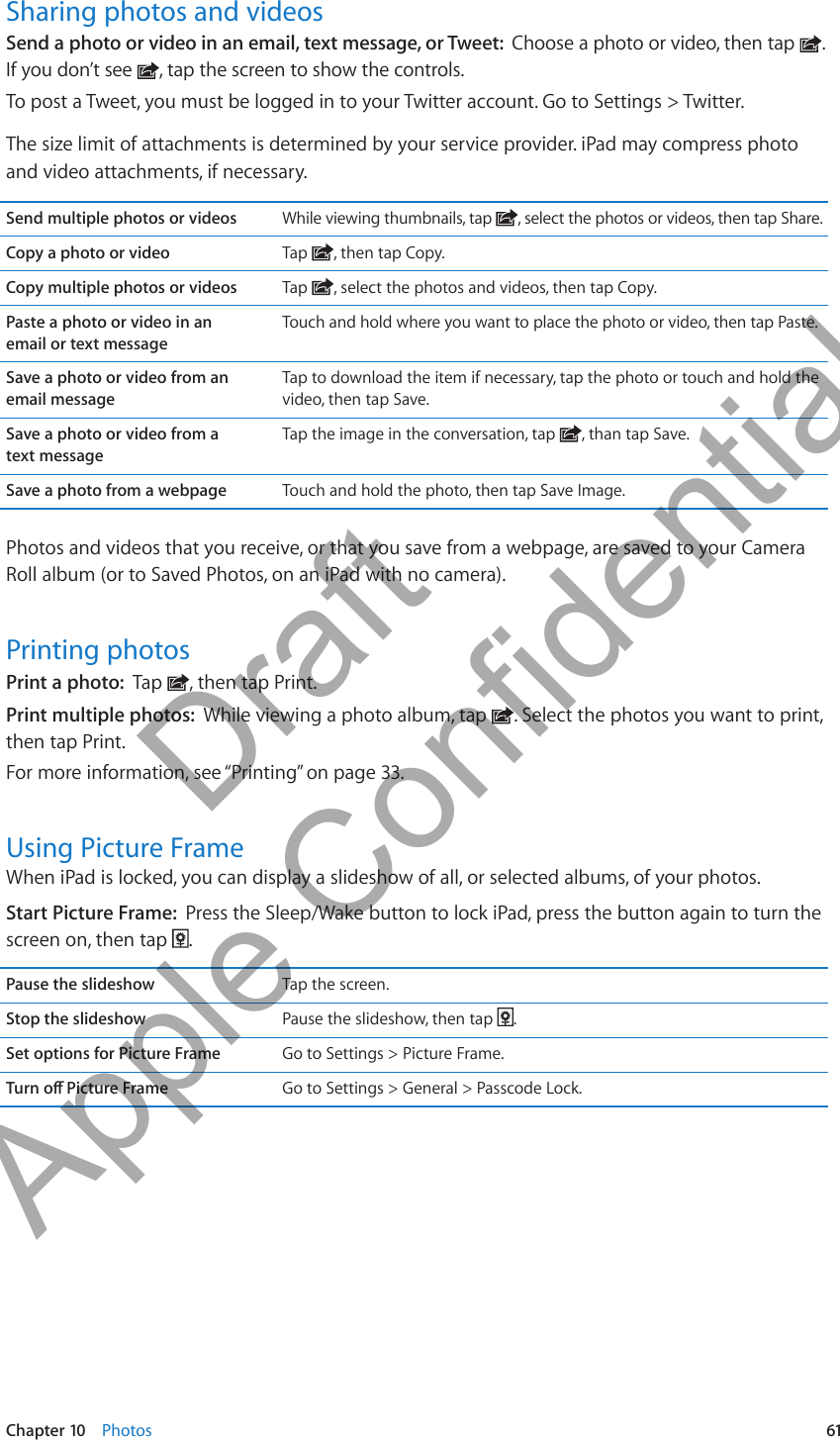 Sharing photos and videosSend a photo or video in an email, text message, or Tweet:  Choose a photo or video, then tap  . If you don’t see  , tap the screen to show the controls.To post a Tweet, you must be logged in to your Twitter account. Go to Settings &gt; Twitter.The size limit of attachments is determined by your service provider. iPad may compress photo and video attachments, if necessary.Send multiple photos or videos While viewing thumbnails, tap  , select the photos or videos, then tap Share.Copy a photo or video Tap  , then tap Copy.Copy multiple photos or videos Tap  , select the photos and videos, then tap Copy.Paste a photo or video in an  email or text messageTouch and hold where you want to place the photo or video, then tap Paste.Save a photo or video from an email messageTap to download the item if necessary, tap the photo or touch and hold the video, then tap Save.Save a photo or video from a  text messageTap the image in the conversation, tap  , than tap Save.Save a photo from a webpage Touch and hold the photo, then tap Save Image.Photos and videos that you receive, or that you save from a webpage, are saved to your Camera Roll album (or to Saved Photos, on an iPad with no camera).Printing photosPrint a photo:  Tap  , then tap Print.Print multiple photos:  While viewing a photo album, tap  . Select the photos you want to print, then tap Print. For more information, see “Printing” on page 33.Using Picture FrameWhen iPad is locked, you can display a slideshow of all, or selected albums, of your photos. Start Picture Frame:  Press the Sleep/Wake button to lock iPad, press the button again to turn the screen on, then tap  .Pause the slideshow Tap the screen.Stop the slideshow Pause the slideshow, then tap  .Set options for Picture Frame Go to Settings &gt; Picture Frame.Turn o Picture Frame Go to Settings &gt; General &gt; Passcode Lock.61Chapter 10    Photos          Draft  Apple Confidential 