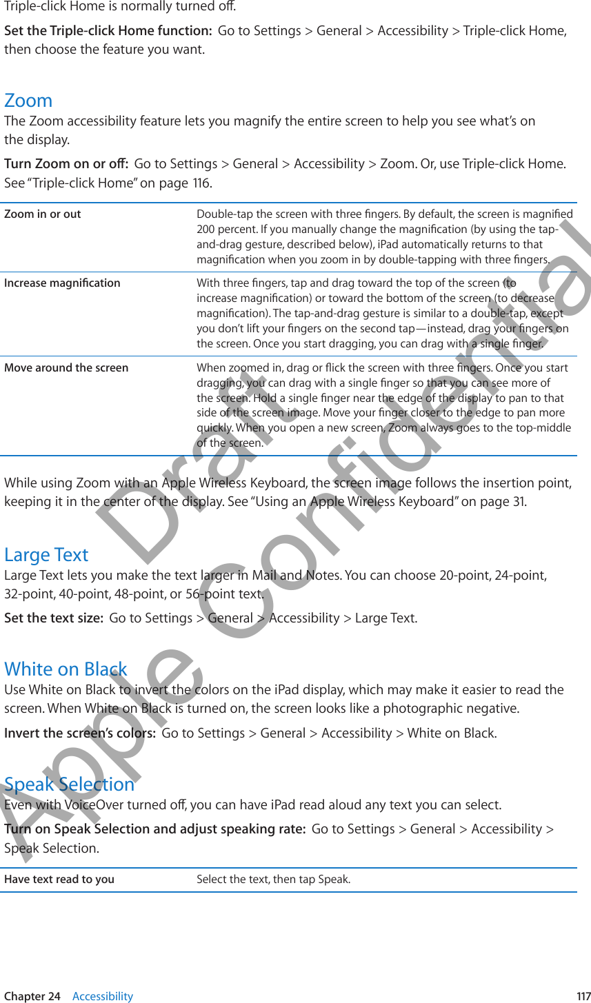 Triple-click Home is normally turned o.Set the Triple-click Home function:  Go to Settings &gt; General &gt; Accessibility &gt; Triple-click Home, then choose the feature you want.ZoomThe Zoom accessibility feature lets you magnify the entire screen to help you see what’s on  the display. Turn Zoom on or o:  Go to Settings &gt; General &gt; Accessibility &gt; Zoom. Or, use Triple-click Home. See “Triple-click Home” on page 116 .Zoom in or out Double-tap the screen with three ngers. By default, the screen is magnied 200 percent. If you manually change the magnication (by using the tap-and-drag gesture, described below), iPad automatically returns to that magnication when you zoom in by double-tapping with three ngers.Increase magnication With three ngers, tap and drag toward the top of the screen (to increase magnication) or toward the bottom of the screen (to decrease magnication). The tap-and-drag gesture is similar to a double-tap, except you don’t lift your ngers on the second tap—instead, drag your ngers on the screen. Once you start dragging, you can drag with a single nger.Move around the screen When zoomed in, drag or ick the screen with three ngers. Once you start dragging, you can drag with a single nger so that you can see more of the screen. Hold a single nger near the edge of the display to pan to that side of the screen image. Move your nger closer to the edge to pan more quickly. When you open a new screen, Zoom always goes to the top-middle of the screen.While using Zoom with an Apple Wireless Keyboard, the screen image follows the insertion point, keeping it in the center of the display. See “Using an Apple Wireless Keyboard” on page 31.Large TextLarge Text lets you make the text larger in Mail and Notes. You can choose 20-point, 24-point, 32-point, 40-point, 48-point, or 56-point text.Set the text size:  Go to Settings &gt; General &gt; Accessibility &gt; Large Text.White on BlackUse White on Black to invert the colors on the iPad display, which may make it easier to read the screen. When White on Black is turned on, the screen looks like a photographic negative.Invert the screen’s colors:  Go to Settings &gt; General &gt; Accessibility &gt; White on Black.Speak SelectionEven with VoiceOver turned o, you can have iPad read aloud any text you can select.Turn on Speak Selection and adjust speaking rate:  Go to Settings &gt; General &gt; Accessibility &gt; Speak Selection.Have text read to you Select the text, then tap Speak.117Chapter 24    Accessibility          Draft  Apple Confidential 