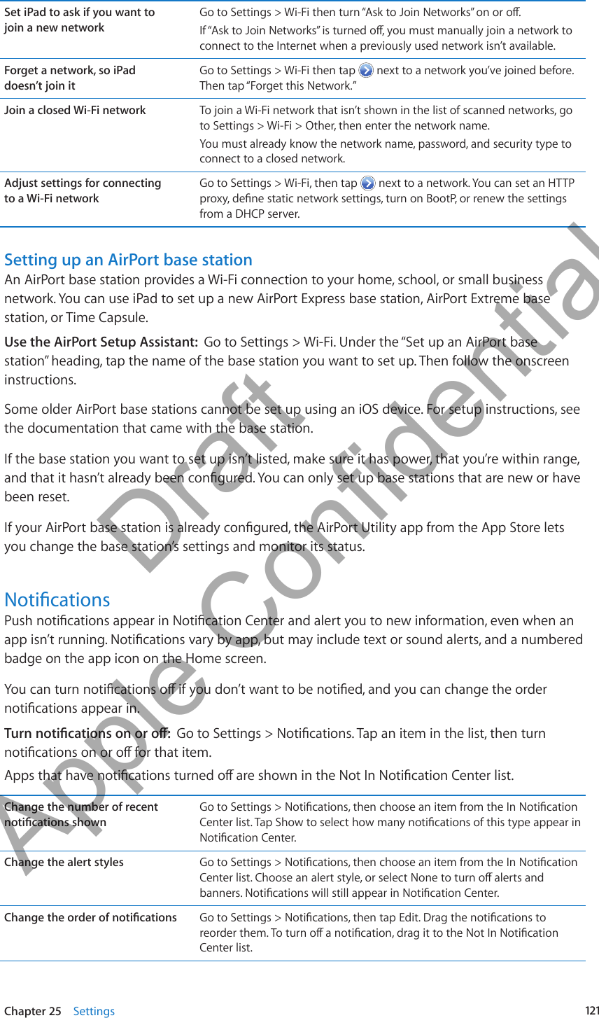 Set iPad to ask if you want to  join a new networkGo to Settings &gt; Wi-Fi then turn “Ask to Join Networks” on or o.If “Ask to Join Networks” is turned o, you must manually join a network to connect to the Internet when a previously used network isn’t available.Forget a network, so iPad  doesn’t join itGo to Settings &gt; Wi-Fi then tap   next to a network you’ve joined before. Then tap “Forget this Network.”Join a closed Wi-Fi network To join a Wi-Fi network that isn’t shown in the list of scanned networks, go to Settings &gt; Wi-Fi &gt; Other, then enter the network name.You must already know the network name, password, and security type to connect to a closed network.Adjust settings for connecting  to a Wi-Fi networkGo to Settings &gt; Wi-Fi, then tap   next to a network. You can set an HTTP proxy, dene static network settings, turn on BootP, or renew the settings from a DHCP server.Setting up an AirPort base stationAn AirPort base station provides a Wi-Fi connection to your home, school, or small business network. You can use iPad to set up a new AirPort Express base station, AirPort Extreme base station, or Time Capsule.Use the AirPort Setup Assistant:  Go to Settings &gt; Wi-Fi. Under the “Set up an AirPort base station” heading, tap the name of the base station you want to set up. Then follow the onscreen instructions.Some older AirPort base stations cannot be set up using an iOS device. For setup instructions, see the documentation that came with the base station.If the base station you want to set up isn’t listed, make sure it has power, that you’re within range, and that it hasn’t already been congured. You can only set up base stations that are new or have been reset.If your AirPort base station is already congured, the AirPort Utility app from the App Store lets you change the base station’s settings and monitor its status.NoticationsPush notications appear in Notication Center and alert you to new information, even when an app isn’t running. Notications vary by app, but may include text or sound alerts, and a numbered badge on the app icon on the Home screen.You can turn notications o if you don’t want to be notied, and you can change the order notications appear in.Turn notications on or o:  Go to Settings &gt; Notications. Tap an item in the list, then turn notications on or o for that item.Apps that have notications turned o are shown in the Not In Notication Center list.Change the number of recent notications shownGo to Settings &gt; Notications, then choose an item from the In Notication Center list. Tap Show to select how many notications of this type appear in Notication Center.Change the alert styles Go to Settings &gt; Notications, then choose an item from the In Notication Center list. Choose an alert style, or select None to turn o alerts and banners. Notications will still appear in Notication Center.Change the order of notications Go to Settings &gt; Notications, then tap Edit. Drag the notications to reorder them. To turn o a notication, drag it to the Not In Notication Center list.121Chapter 25    Settings          Draft  Apple Confidential 