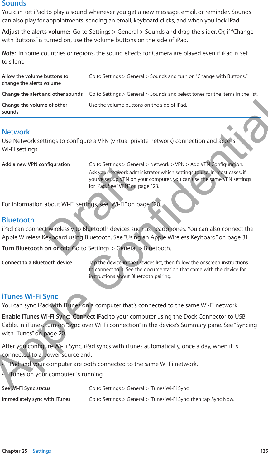 SoundsYou can set iPad to play a sound whenever you get a new message, email, or reminder. Sounds can also play for appointments, sending an email, keyboard clicks, and when you lock iPad.Adjust the alerts volume:  Go to Settings &gt; General &gt; Sounds and drag the slider. Or, if “Change with Buttons” is turned on, use the volume buttons on the side of iPad. Note:  In some countries or regions, the sound eects for Camera are played even if iPad is set  to silent.Allow the volume buttons to change the alerts volumeGo to Settings &gt; General &gt; Sounds and turn on “Change with Buttons.”Change the alert and other sounds Go to Settings &gt; General &gt; Sounds and select tones for the items in the list.Change the volume of other soundsUse the volume buttons on the side of iPad.NetworkUse Network settings to congure a VPN (virtual private network) connection and access  Wi-Fi settings.Add a new VPN conguration Go to Settings &gt; General &gt; Network &gt; VPN &gt; Add VPN Conguration.Ask your network administrator which settings to use. In most cases, if you’ve set up VPN on your computer, you can use the same VPN settings  for iPad. See “VPN” on page 123.For information about Wi-Fi settings, see “Wi-Fi” on page 120 .BluetoothiPad can connect wirelessly to Bluetooth devices such as headphones. You can also connect the Apple Wireless Keyboard using Bluetooth. See “Using an Apple Wireless Keyboard” on page 31.Turn Bluetooth on or o:  Go to Settings &gt; General &gt; Bluetooth.Connect to a Bluetooth device Tap the device in the Devices list, then follow the onscreen instructions to connect to it. See the documentation that came with the device for instructions about Bluetooth pairing.iTunes Wi-Fi SyncYou can sync iPad with iTunes on a computer that’s connected to the same Wi-Fi network.Enable iTunes Wi-Fi Sync:  Connect iPad to your computer using the Dock Connector to USB Cable. In iTunes, turn on “Sync over Wi-Fi connection” in the device’s Summary pane. See “Syncing with iTunes” on page 20.After you congure Wi-Fi Sync, iPad syncs with iTunes automatically, once a day, when it is connected to a power source and:iPad and your computer are both connected to the same Wi-Fi network. ÂiTunes on your computer is running. ÂSee Wi-Fi Sync status Go to Settings &gt; General &gt; iTunes Wi-Fi Sync.Immediately sync with iTunes Go to Settings &gt; General &gt; iTunes Wi-Fi Sync, then tap Sync Now.125Chapter 25    Settings          Draft  Apple Confidential 