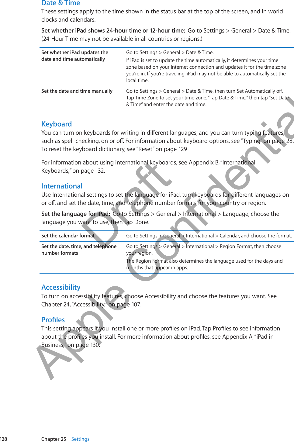 Date &amp; TimeThese settings apply to the time shown in the status bar at the top of the screen, and in world clocks and calendars.Set whether iPad shows 24-hour time or 12-hour time:  Go to Settings &gt; General &gt; Date &amp; Time. (24-Hour Time may not be available in all countries or regions.) Set whether iPad updates the  date and time automaticallyGo to Settings &gt; General &gt; Date &amp; Time.If iPad is set to update the time automatically, it determines your time  zone based on your Internet connection and updates it for the time zone you’re in. If you’re traveling, iPad may not be able to automatically set the local time.Set the date and time manually Go to Settings &gt; General &gt; Date &amp; Time, then turn Set Automatically o.  Tap Time Zone to set your time zone. “Tap Date &amp; Time,” then tap “Set Date &amp; Time” and enter the date and time.KeyboardYou can turn on keyboards for writing in dierent languages, and you can turn typing features, such as spell-checking, on or o. For information about keyboard options, see “Typing” on page 28. To reset the keyboard dictionary, see “Reset” on page 129For information about using international keyboards, see Appendix B, “ International Keyboards,” on page 132 .InternationalUse International settings to set the language for iPad, turn keyboards for dierent languages on or o, and set the date, time, and telephone number formats for your country or region.Set the language for iPad:  Go to Settings &gt; General &gt; International &gt; Language, choose the language you want to use, then tap Done.Set the calendar format Go to Settings &gt; General &gt; International &gt; Calendar, and choose the format.Set the date, time, and telephone number formatsGo to Settings &gt; General &gt; International &gt; Region Format, then choose your region.The Region Format also determines the language used for the days and months that appear in apps.AccessibilityTo turn on accessibility features, choose Accessibility and choose the features you want. See Chapter 24, “Accessibility,” on page 107.ProlesThis setting appears if you install one or more proles on iPad. Tap Proles to see information about the proles you install. For more information about proles, see Appendix A, “iPad in Business,” on page 130 .128 Chapter 25    Settings          Draft  Apple Confidential 