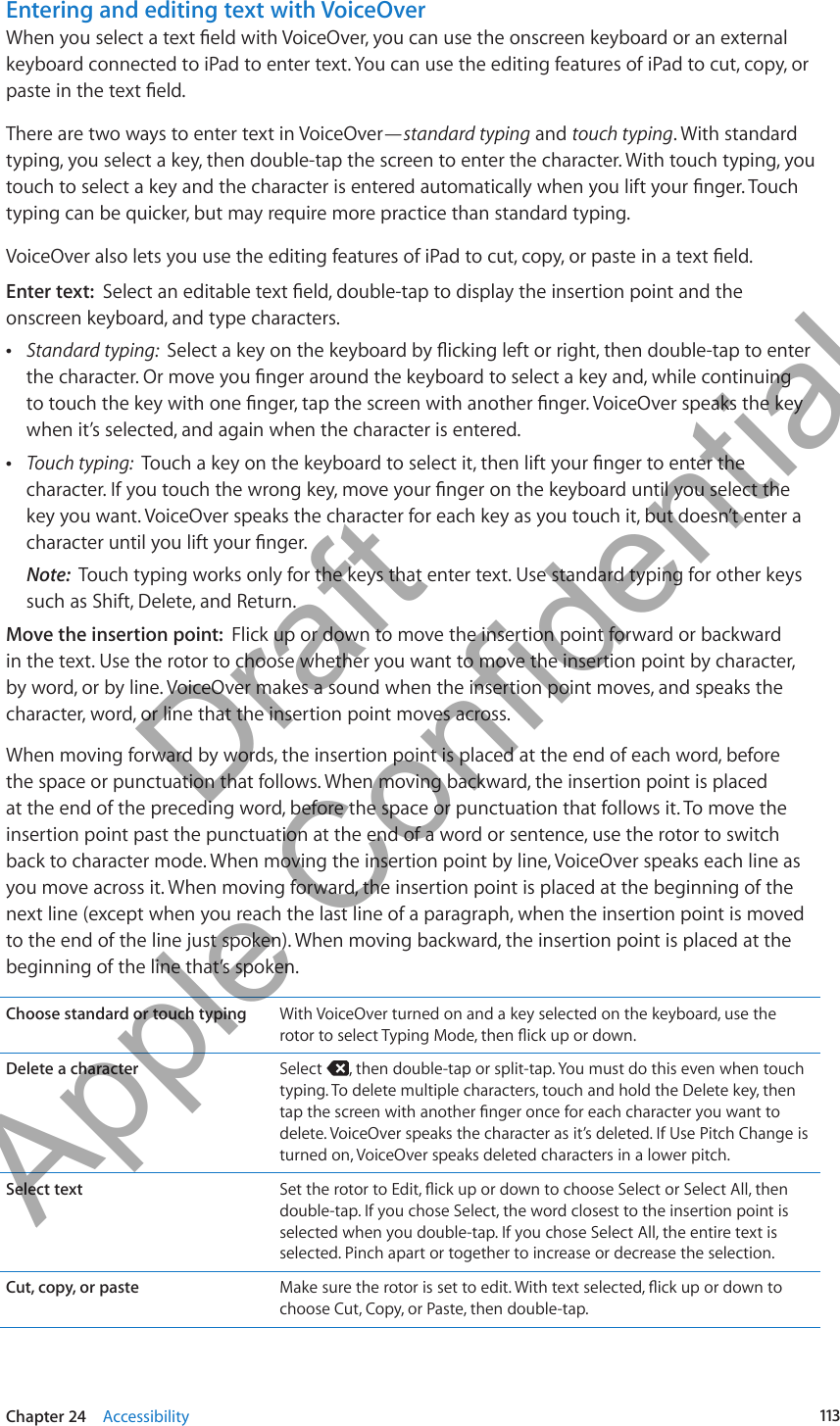 Entering and editing text with VoiceOverWhen you select a text eld with VoiceOver, you can use the onscreen keyboard or an external keyboard connected to iPad to enter text. You can use the editing features of iPad to cut, copy, or paste in the text eld.There are two ways to enter text in VoiceOver—standard typing and touch typing. With standard typing, you select a key, then double-tap the screen to enter the character. With touch typing, you touch to select a key and the character is entered automatically when you lift your nger. Touch typing can be quicker, but may require more practice than standard typing.VoiceOver also lets you use the editing features of iPad to cut, copy, or paste in a text eld.Enter text:  Select an editable text eld, double-tap to display the insertion point and the onscreen keyboard, and type characters. ÂStandard typing:  Select a key on the keyboard by icking left or right, then double-tap to enter the character. Or move you nger around the keyboard to select a key and, while continuing to touch the key with one nger, tap the screen with another nger. VoiceOver speaks the key when it’s selected, and again when the character is entered. ÂTouch typing:  Touch a key on the keyboard to select it, then lift your nger to enter the character. If you touch the wrong key, move your nger on the keyboard until you select the key you want. VoiceOver speaks the character for each key as you touch it, but doesn’t enter a character until you lift your nger.Note:  Touch typing works only for the keys that enter text. Use standard typing for other keys such as Shift, Delete, and Return.Move the insertion point:  Flick up or down to move the insertion point forward or backward in the text. Use the rotor to choose whether you want to move the insertion point by character, by word, or by line. VoiceOver makes a sound when the insertion point moves, and speaks the character, word, or line that the insertion point moves across. When moving forward by words, the insertion point is placed at the end of each word, before the space or punctuation that follows. When moving backward, the insertion point is placed at the end of the preceding word, before the space or punctuation that follows it. To move the insertion point past the punctuation at the end of a word or sentence, use the rotor to switch back to character mode. When moving the insertion point by line, VoiceOver speaks each line as you move across it. When moving forward, the insertion point is placed at the beginning of the next line (except when you reach the last line of a paragraph, when the insertion point is moved to the end of the line just spoken). When moving backward, the insertion point is placed at the beginning of the line that’s spoken.Choose standard or touch typing With VoiceOver turned on and a key selected on the keyboard, use the rotor to select Typing Mode, then ick up or down.Delete a character Select  , then double-tap or split-tap. You must do this even when touch typing. To delete multiple characters, touch and hold the Delete key, then tap the screen with another nger once for each character you want to delete. VoiceOver speaks the character as it’s deleted. If Use Pitch Change is turned on, VoiceOver speaks deleted characters in a lower pitch.Select text Set the rotor to Edit, ick up or down to choose Select or Select All, then double-tap. If you chose Select, the word closest to the insertion point is selected when you double-tap. If you chose Select All, the entire text is selected. Pinch apart or together to increase or decrease the selection.Cut, copy, or paste Make sure the rotor is set to edit. With text selected, ick up or down to choose Cut, Copy, or Paste, then double-tap.113Chapter 24    Accessibility          Draft  Apple Confidential 