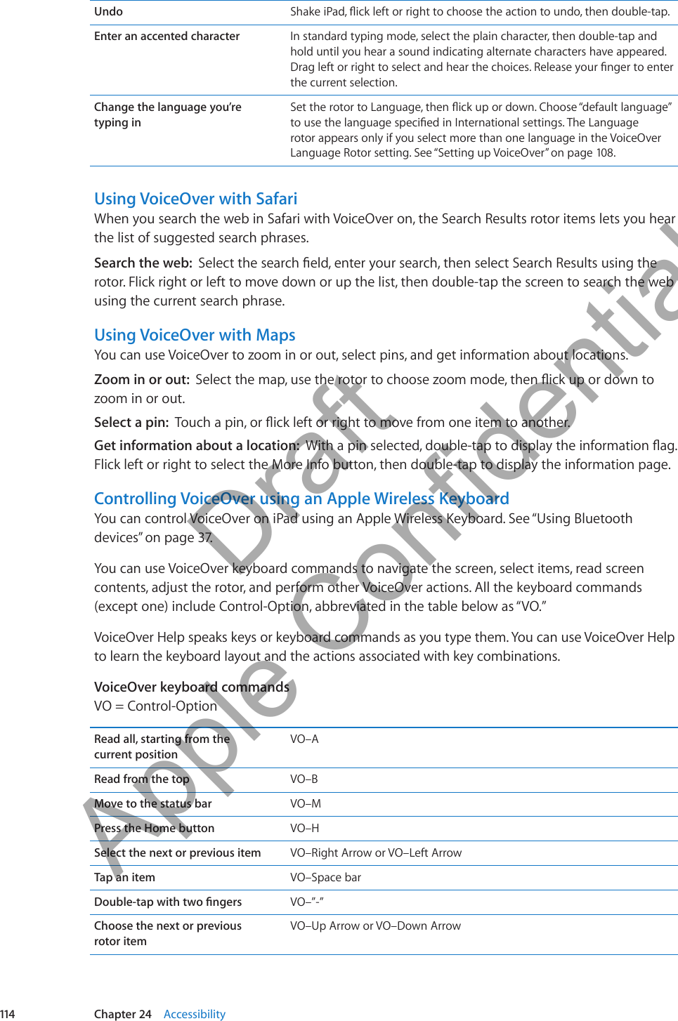 Undo Shake iPad, ick left or right to choose the action to undo, then double-tap.Enter an accented character In standard typing mode, select the plain character, then double-tap and hold until you hear a sound indicating alternate characters have appeared. Drag left or right to select and hear the choices. Release your nger to enter the current selection.Change the language you’re  typing inSet the rotor to Language, then ick up or down. Choose “default language” to use the language specied in International settings. The Language rotor appears only if you select more than one language in the VoiceOver Language Rotor setting. See “Setting up VoiceOver” on page 108.Using VoiceOver with SafariWhen you search the web in Safari with VoiceOver on, the Search Results rotor items lets you hear the list of suggested search phrases.Search the web:  Select the search eld, enter your search, then select Search Results using the rotor. Flick right or left to move down or up the list, then double-tap the screen to search the web using the current search phrase.Using VoiceOver with MapsYou can use VoiceOver to zoom in or out, select pins, and get information about locations.Zoom in or out:  Select the map, use the rotor to choose zoom mode, then ick up or down to zoom in or out.Select a pin:  Touch a pin, or ick left or right to move from one item to another. Get information about a location:  With a pin selected, double-tap to display the information ag. Flick left or right to select the More Info button, then double-tap to display the information page.Controlling VoiceOver using an Apple Wireless KeyboardYou can control VoiceOver on iPad using an Apple Wireless Keyboard. See “Using Bluetooth devices” on page 37.You can use VoiceOver keyboard commands to navigate the screen, select items, read screen contents, adjust the rotor, and perform other VoiceOver actions. All the keyboard commands (except one) include Control-Option, abbreviated in the table below as “VO.” VoiceOver Help speaks keys or keyboard commands as you type them. You can use VoiceOver Help to learn the keyboard layout and the actions associated with key combinations. VoiceOver keyboard commandsVO = Control-OptionRead all, starting from the  current positionVO–ARead from the top VO–BMove to the status bar VO–MPress the Home button VO–HSelect the next or previous item VO–Right Arrow or VO–Left ArrowTap an item VO–Space barDouble-tap with two ngers VO–”-”Choose the next or previous  rotor itemVO–Up Arrow or VO–Down Arrow114 Chapter 24    Accessibility          Draft  Apple Confidential 