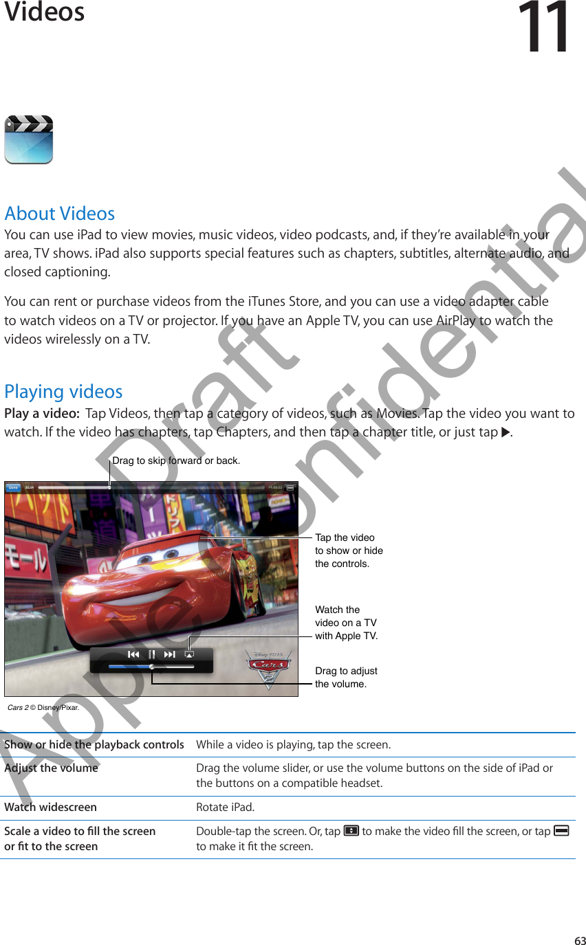 Videos 11About VideosYou can use iPad to view movies, music videos, video podcasts, and, if they’re available in your area, TV shows. iPad also supports special features such as chapters, subtitles, alternate audio, and closed captioning.You can rent or purchase videos from the iTunes Store, and you can use a video adapter cable to watch videos on a TV or projector. If you have an Apple TV, you can use AirPlay to watch the videos wirelessly on a TV.Playing videosPlay a video:  Tap Videos, then tap a category of videos, such as Movies. Tap the video you want to watch. If the video has chapters, tap Chapters, and then tap a chapter title, or just tap  .Cars 2 © Disney/Pixar. Cars 2 © Disney/Pixar. Drag to skip forward or back.Drag to skip forward or back.Tap the video to show or hide the controls.Tap the video to show or hide the controls.Watch the video on a TV with Apple TV.Watch the video on a TV with Apple TV.Drag to adjust the volume.Drag to adjust the volume.Show or hide the playback controls While a video is playing, tap the screen.Adjust the volume Drag the volume slider, or use the volume buttons on the side of iPad or the buttons on a compatible headset.Watch widescreen Rotate iPad. Double-tap the screen. Or, tap    63          Draft  Apple Confidential 