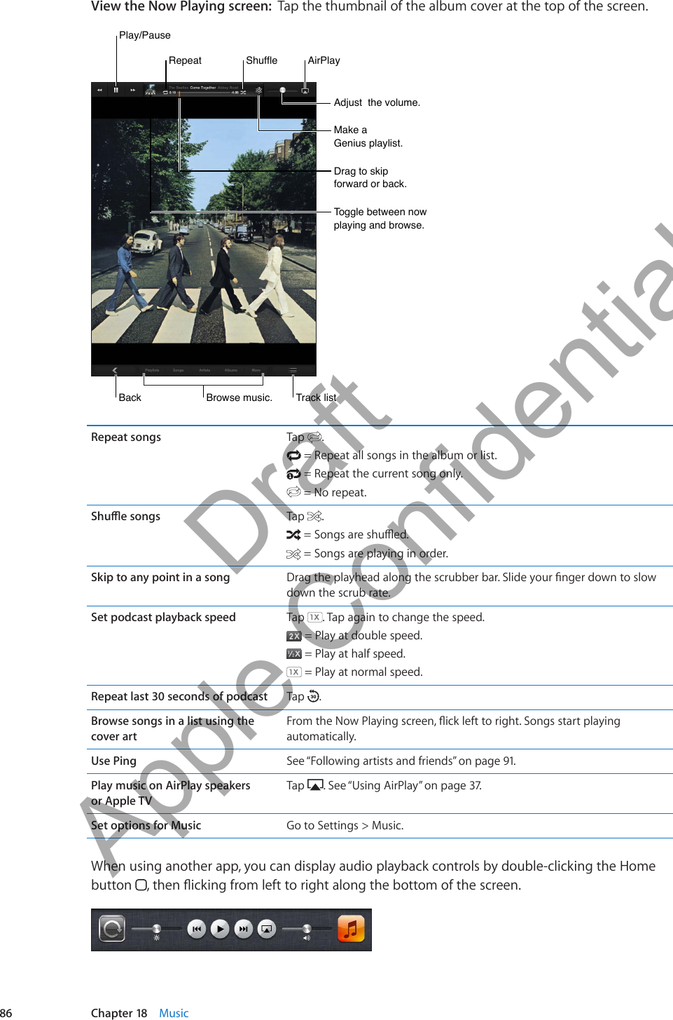 View the Now Playing screen:  Tap the thumbnail of the album cover at the top of the screen.Drag to skip forward or back.Drag to skip forward or back.Adjust  the volume.Adjust  the volume.Back Back Browse music. Browse music. Track listTrack listToggle between now playing and browse.Toggle between now playing and browse.Make a Genius playlist.Make a Genius playlist.Play/PausePlay/PauseRepeatRepeatShuffleShuffleAirPlayAirPlayRepeat songs Tap  .  = Repeat all songs in the album or list. = Repeat the current song only. = No repeat. Tap  .  = Songs are playing in order.Skip to any point in a song down the scrub rate.Set podcast playback speed Tap  . Tap again to change the speed. = Play at double speed. = Play at half speed. = Play at normal speed.Repeat last 30 seconds of podcast Tap  .Browse songs in a list using the cover artautomatically.Use Ping See “Following artists and friends” on page 91.Play music on AirPlay speakers  or Apple TVTap  . See “Using AirPlay” on page 37.Set options for Music Go to Settings &gt; Music. When using another app, you can display audio playback controls by double-clicking the Home button  86 Chapter 18    Music          Draft  Apple Confidential 