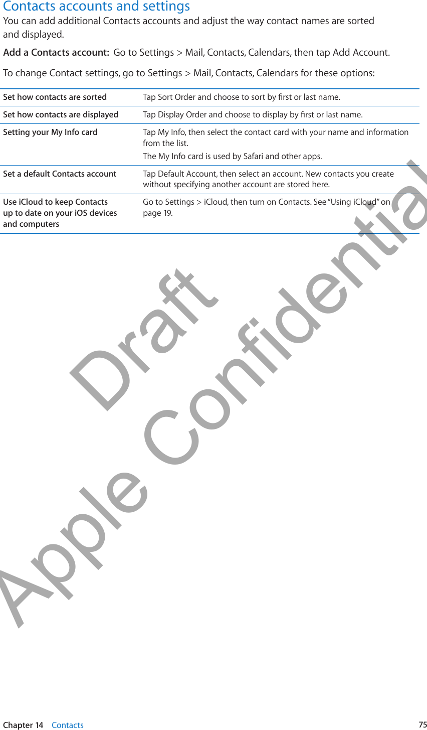 Contacts accounts and settingsYou can add additional Contacts accounts and adjust the way contact names are sorted  and displayed.Add a Contacts account:  Go to Settings &gt; Mail, Contacts, Calendars, then tap Add Account.To change Contact settings, go to Settings &gt; Mail, Contacts, Calendars for these options:Set how contacts are sorted Set how contacts are displayed Setting your My Info card Tap My Info, then select the contact card with your name and information from the list.The My Info card is used by Safari and other apps.Set a default Contacts account Tap Default Account, then select an account. New contacts you create without specifying another account are stored here.Use iCloud to keep Contacts  up to date on your iOS devices  and computersGo to Settings &gt; iCloud, then turn on Contacts. See “Using iCloud” on page 19.75Chapter 14    Contacts          Draft  Apple Confidential 