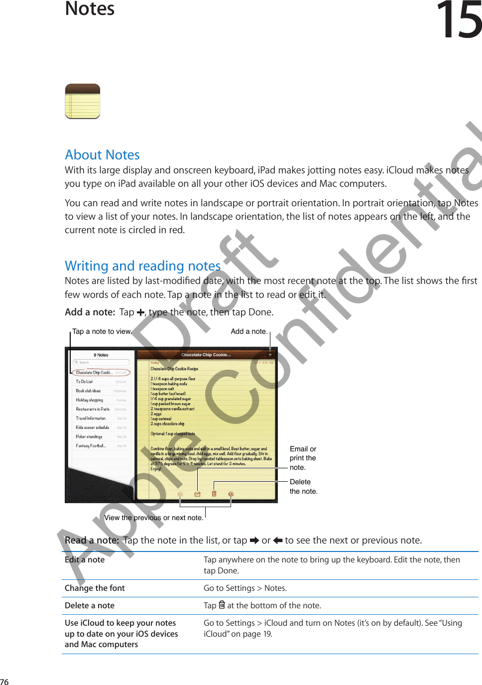 Notes 15About NotesWith its large display and onscreen keyboard, iPad makes jotting notes easy. iCloud makes notes you type on iPad available on all your other iOS devices and Mac computers.You can read and write notes in landscape or portrait orientation. In portrait orientation, tap Notes to view a list of your notes. In landscape orientation, the list of notes appears on the left, and the current note is circled in red. Writing and reading notesfew words of each note. Tap a note in the list to read or edit it.Add a note:  Tap  , type the note, then tap Done.Email or print the note.Email or print the note.Delete the note.Delete the note.Tap a note to view.Tap a note to view.Add a note.Add a note.View the previous or next note.View the previous or next note.Read a note:  Tap the note in the list, or tap   or   to see the next or previous note.Edit a note Tap anywhere on the note to bring up the keyboard. Edit the note, then  tap Done.Change the font Go to Settings &gt; Notes.Delete a note Tap   at the bottom of the note.Use iCloud to keep your notes  up to date on your iOS devices  and Mac computersGo to Settings &gt; iCloud and turn on Notes (it’s on by default). See “Using iCloud” on page 19.76          Draft  Apple Confidential 