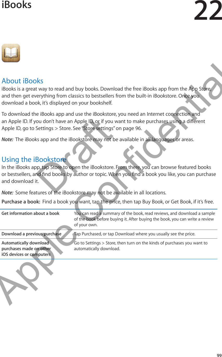 iBooks 22About iBooksiBooks is a great way to read and buy books. Download the free iBooks app from the App Store, and then get everything from classics to bestsellers from the built-in iBookstore. Once you download a book, it’s displayed on your bookshelf. To download the iBooks app and use the iBookstore, you need an Internet connection and  Apple ID, go to Settings &gt; Store. See “Store settings” on page 96.Note:  The iBooks app and the iBookstore may not be available in all languages or areas.Using the iBookstoreIn the iBooks app, tap Store to open the iBookstore. From there, you can browse featured books and download it.Note:  Some features of the iBookstore may not be available in all locations.Purchase a book:  Find a book you want, tap the price, then tap Buy Book, or Get Book, if it’s free.Get information about a book You can read a summary of the book, read reviews, and download a sample of the book before buying it. After buying the book, you can write a review of your own.Download a previous purchase Tap Purchased, or tap Download where you usually see the price.Automatically download  purchases made on other  iOS devices or computersGo to Settings &gt; Store, then turn on the kinds of purchases you want to automatically download.99          Draft  Apple Confidential 