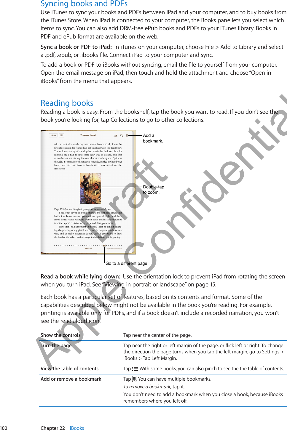 Syncing books and PDFsUse iTunes to sync your books and PDFs between iPad and your computer, and to buy books from the iTunes Store. When iPad is connected to your computer, the Books pane lets you select which items to sync. You can also add DRM-free ePub books and PDFs to your iTunes library. Books in PDF and ePub format are available on the web.Sync a book or PDF to iPad:  In iTunes on your computer, choose File &gt; Add to Library and select Open the email message on iPad, then touch and hold the attachment and choose “Open in iBooks” from the menu that appears.Reading booksReading a book is easy. From the bookshelf, tap the book you want to read. If you don’t see the book you’re looking for, tap Collections to go to other collections.Add a bookmark.Add a bookmark.Double-tap to zoom.Double-tap to zoom.Go to a different page.Go to a different page.Read a book while lying down:  Use the orientation lock to prevent iPad from rotating the screen when you turn iPad. See “Viewing in portrait or landscape” on page 15.Each book has a particular set of features, based on its contents and format. Some of the capabilities described below might not be available in the book you’re reading. For example, printing is available only for PDFs, and if a book doesn’t include a recorded narration, you won’t see the read aloud icon.Show the controls Tap near the center of the page.Turn the page the direction the page turns when you tap the left margin, go to Settings &gt; iBooks &gt; Tap Left Margin.View the table of contents Tap  . With some books, you can also pinch to see the the table of contents.Add or remove a bookmark Tap  . You can have multiple bookmarks. To remove a bookmark, tap it. You don’t need to add a bookmark when you close a book, because iBooks 100 Chapter 22    iBooks          Draft  Apple Confidential 