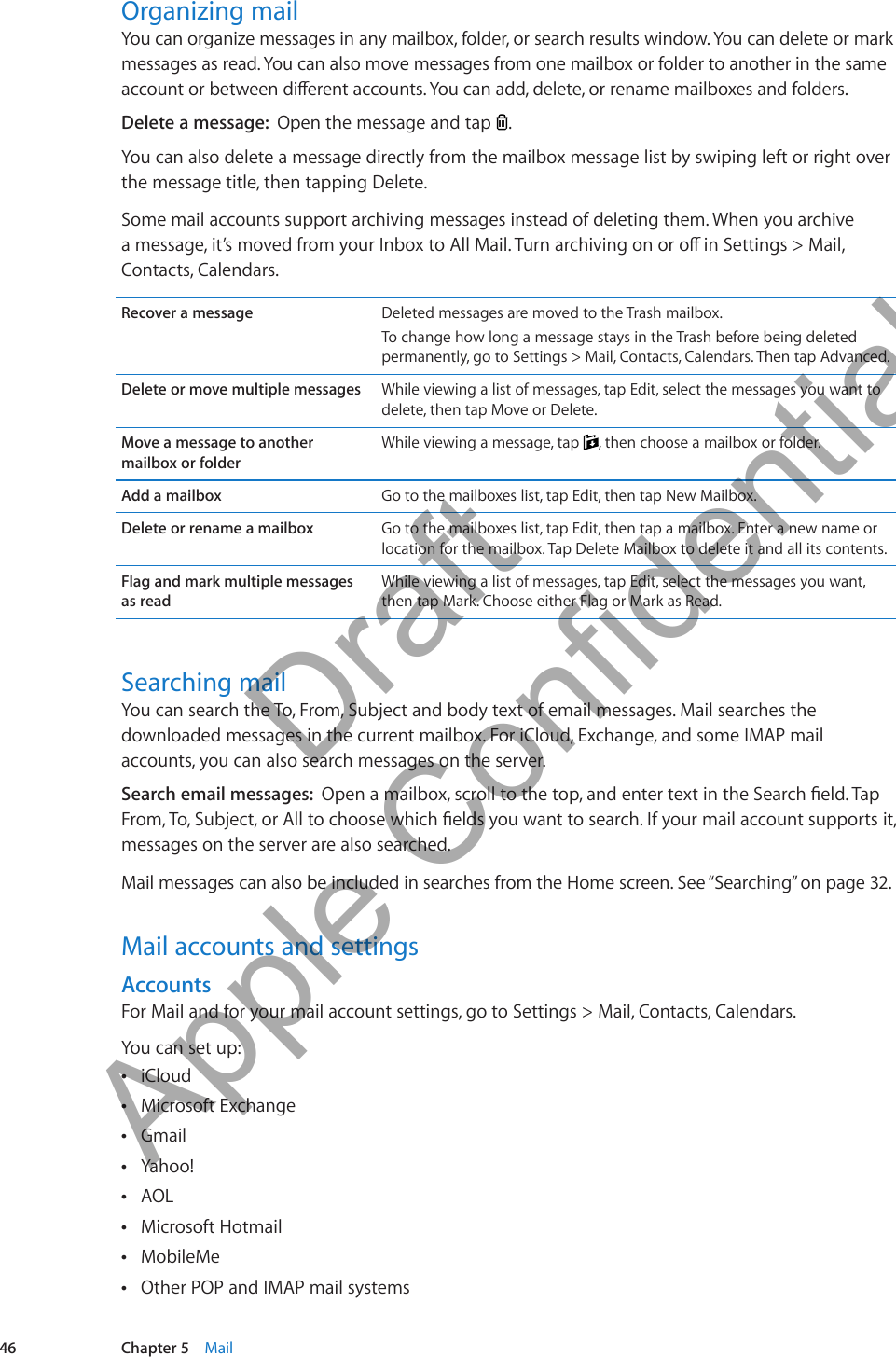 Organizing mailYou can organize messages in any mailbox, folder, or search results window. You can delete or mark messages as read. You can also move messages from one mailbox or folder to another in the same account or between dierent accounts. You can add, delete, or rename mailboxes and folders.Delete a message:  Open the message and tap  .You can also delete a message directly from the mailbox message list by swiping left or right over the message title, then tapping Delete.Some mail accounts support archiving messages instead of deleting them. When you archive a message, it’s moved from your Inbox to All Mail. Turn archiving on or o in Settings &gt; Mail, Contacts, Calendars.Recover a message Deleted messages are moved to the Trash mailbox. To change how long a message stays in the Trash before being deleted permanently, go to Settings &gt; Mail, Contacts, Calendars. Then tap Advanced. Delete or move multiple messages While viewing a list of messages, tap Edit, select the messages you want to delete, then tap Move or Delete.Move a message to another mailbox or folderWhile viewing a message, tap  , then choose a mailbox or folder.Add a mailbox Go to the mailboxes list, tap Edit, then tap New Mailbox.Delete or rename a mailbox Go to the mailboxes list, tap Edit, then tap a mailbox. Enter a new name or location for the mailbox. Tap Delete Mailbox to delete it and all its contents.Flag and mark multiple messages as readWhile viewing a list of messages, tap Edit, select the messages you want, then tap Mark. Choose either Flag or Mark as Read.Searching mailYou can search the To, From, Subject and body text of email messages. Mail searches the downloaded messages in the current mailbox. For iCloud, Exchange, and some IMAP mail accounts, you can also search messages on the server.Search email messages:  Open a mailbox, scroll to the top, and enter text in the Search eld. Tap From, To, Subject, or All to choose which elds you want to search. If your mail account supports it, messages on the server are also searched.Mail messages can also be included in searches from the Home screen. See “Searching” on page 32.Mail accounts and settingsAccountsFor Mail and for your mail account settings, go to Settings &gt; Mail, Contacts, Calendars. You can set up:iCloud ÂMicrosoft Exchange ÂGmail  ÂYahoo!  ÂAOL  ÂMicrosoft Hotmail ÂMobileMe ÂOther POP and IMAP mail systems Â46 Chapter 5    Mail          Draft  Apple Confidential 