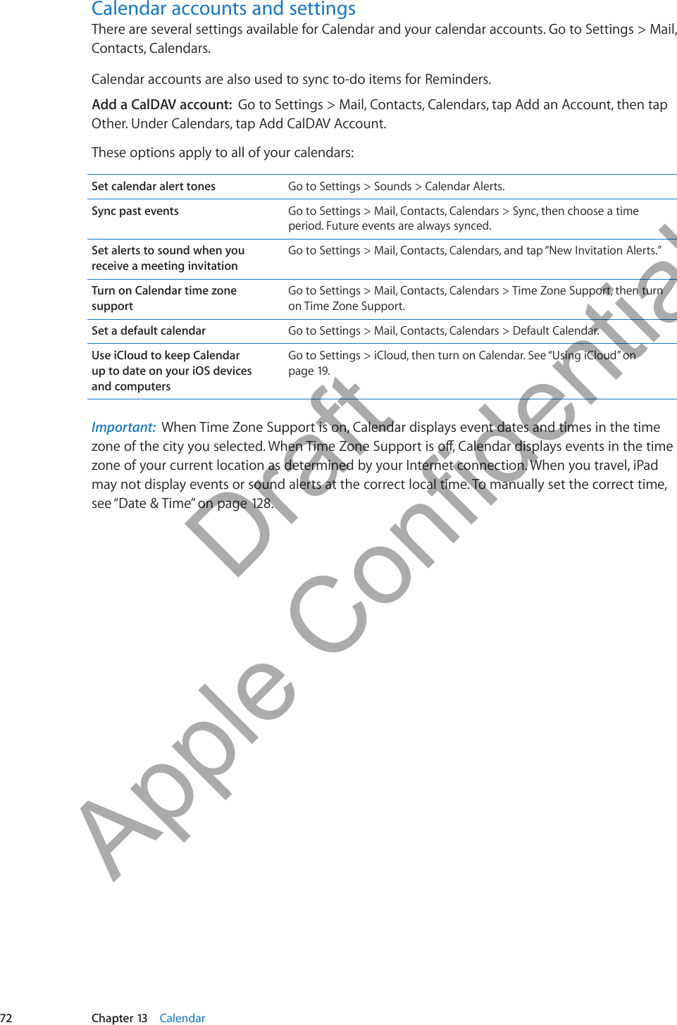 Calendar accounts and settingsThere are several settings available for Calendar and your calendar accounts. Go to Settings &gt; Mail, Contacts, Calendars.Calendar accounts are also used to sync to-do items for Reminders.Add a CalDAV account:  Go to Settings &gt; Mail, Contacts, Calendars, tap Add an Account, then tap Other. Under Calendars, tap Add CalDAV Account.These options apply to all of your calendars:Set calendar alert tones Go to Settings &gt; Sounds &gt; Calendar Alerts. Sync past events Go to Settings &gt; Mail, Contacts, Calendars &gt; Sync, then choose a time period. Future events are always synced.Set alerts to sound when you receive a meeting invitationGo to Settings &gt; Mail, Contacts, Calendars, and tap “New Invitation Alerts.”Turn on Calendar time zone supportGo to Settings &gt; Mail, Contacts, Calendars &gt; Time Zone Support, then turn on Time Zone Support.Set a default calendar Go to Settings &gt; Mail, Contacts, Calendars &gt; Default Calendar.Use iCloud to keep Calendar  up to date on your iOS devices  and computersGo to Settings &gt; iCloud, then turn on Calendar. See “Using iCloud” on page 19.Important:  When Time Zone Support is on, Calendar displays event dates and times in the time zone of your current location as determined by your Internet connection. When you travel, iPad may not display events or sound alerts at the correct local time. To manually set the correct time, see “Date &amp; Time” on page 12 8 .72 Chapter 13    Calendar          Draft  Apple Confidential 