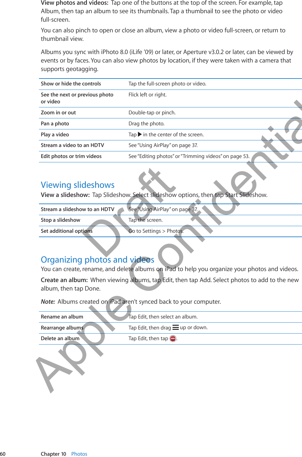View photos and videos:  Tap one of the buttons at the top of the screen. For example, tap Album, then tap an album to see its thumbnails. Tap a thumbnail to see the photo or video  full-screen.You can also pinch to open or close an album, view a photo or video full-screen, or return to thumbnail view.Albums you sync with iPhoto 8.0 (iLife ’09) or later, or Aperture v3.0.2 or later, can be viewed by events or by faces. You can also view photos by location, if they were taken with a camera that supports geotagging.Show or hide the controls Tap the full-screen photo or video.See the next or previous photo  or videoFlick left or right.Zoom in or out Double-tap or pinch.Pan a photo Drag the photo.Play a video Tap   in the center of the screen.Stream a video to an HDTV See “Using AirPlay” on page 37.Edit photos or trim videos See “Editing photos” or “Trimming videos” on page 53.Viewing slideshowsView a slideshow:  Tap Slideshow. Select slideshow options, then tap Start Slideshow.Stream a slideshow to an HDTV See “Using AirPlay” on page 37.Stop a slideshow Tap the screen.Set additional options Go to Settings &gt; Photos.Organizing photos and videosYou can create, rename, and delete albums on iPad to help you organize your photos and videos.Create an album:  When viewing albums, tap Edit, then tap Add. Select photos to add to the new album, then tap Done.Note:  Albums created on iPad aren’t synced back to your computer.Rename an album Tap Edit, then select an album.Rearrange albums Tap Edit, then drag   up or down.Delete an album Tap Edit, then tap  .60 Chapter 10    Photos          Draft  Apple Confidential 