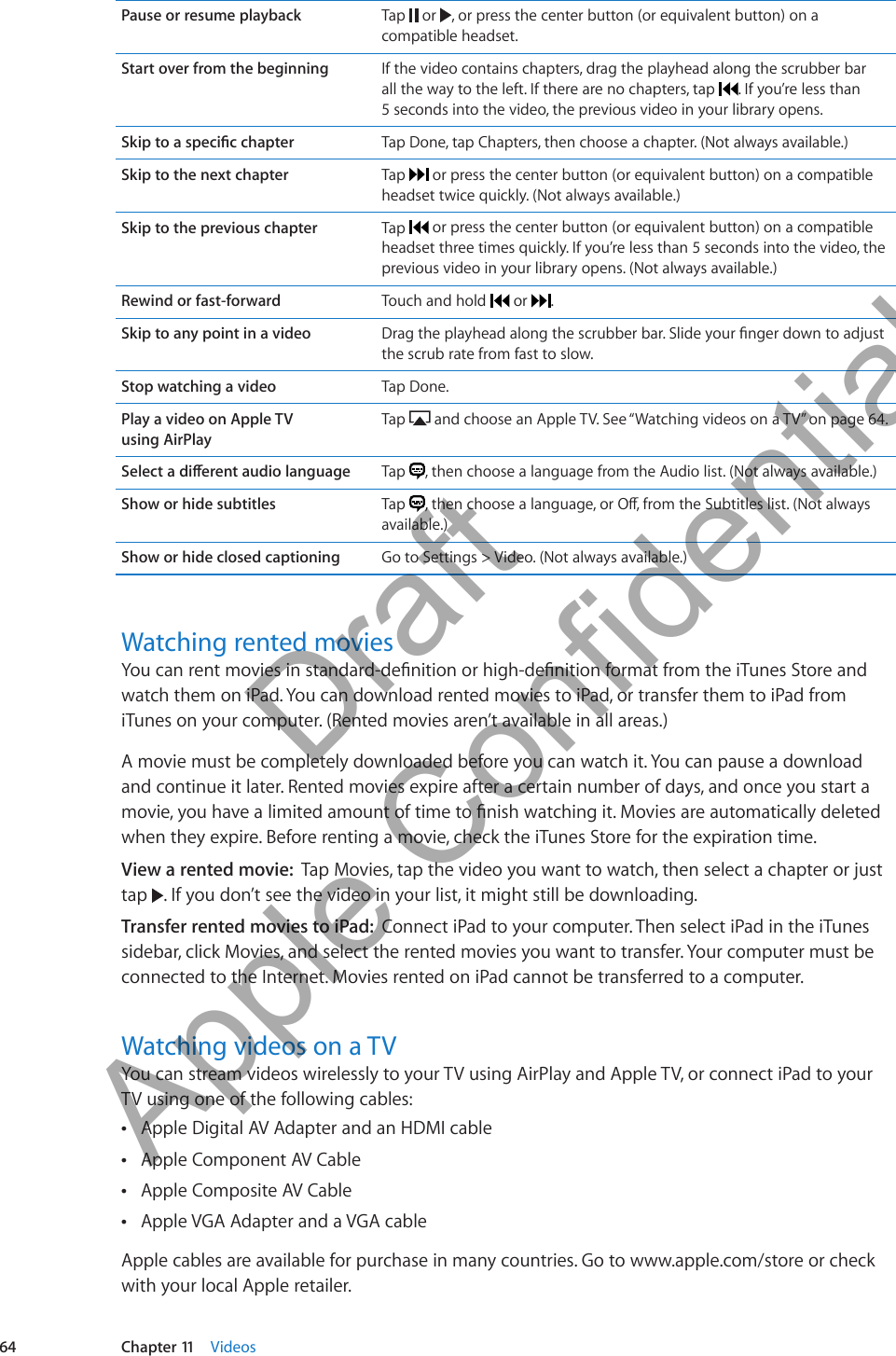 Pause or resume playback Tap   or  , or press the center button (or equivalent button) on a compatible headset.Start over from the beginning If the video contains chapters, drag the playhead along the scrubber bar  all the way to the left. If there are no chapters, tap  . If you’re less than  5 seconds into the video, the previous video in your library opens. Tap Done, tap Chapters, then choose a chapter. (Not always available.)Skip to the next chapter Tap   or press the center button (or equivalent button) on a compatible headset twice quickly. (Not always available.)Skip to the previous chapter Tap   or press the center button (or equivalent button) on a compatible headset three times quickly. If you’re less than 5 seconds into the video, the previous video in your library opens. (Not always available.)Rewind or fast-forward Touch and hold   or  .Skip to any point in a video the scrub rate from fast to slow.Stop watching a video Tap Done.Play a video on Apple TV  using AirPlayTap   and choose an Apple TV. See “Watching videos on a TV” on page 64. Tap  , then choose a language from the Audio list. (Not always available.)Show or hide subtitles Tap  available.)Show or hide closed captioning  Go to Settings &gt; Video. (Not always available.)Watching rented movieswatch them on iPad. You can download rented movies to iPad, or transfer them to iPad from iTunes on your computer. (Rented movies aren’t available in all areas.)A movie must be completely downloaded before you can watch it. You can pause a download and continue it later. Rented movies expire after a certain number of days, and once you start a when they expire. Before renting a movie, check the iTunes Store for the expiration time.View a rented movie:  Tap Movies, tap the video you want to watch, then select a chapter or just tap  . If you don’t see the video in your list, it might still be downloading.Transfer rented movies to iPad:  Connect iPad to your computer. Then select iPad in the iTunes sidebar, click Movies, and select the rented movies you want to transfer. Your computer must be connected to the Internet. Movies rented on iPad cannot be transferred to a computer.Watching videos on a TVYou can stream videos wirelessly to your TV using AirPlay and Apple TV, or connect iPad to your TV using one of the following cables:Apple Digital AV Adapter and an HDMI cable ÂApple Component AV Cable ÂApple Composite AV Cable ÂApple VGA Adapter and a VGA cable ÂApple cables are available for purchase in many countries. Go to www.apple.com/store or check with your local Apple retailer.64 Chapter 11    Videos          Draft  Apple Confidential 