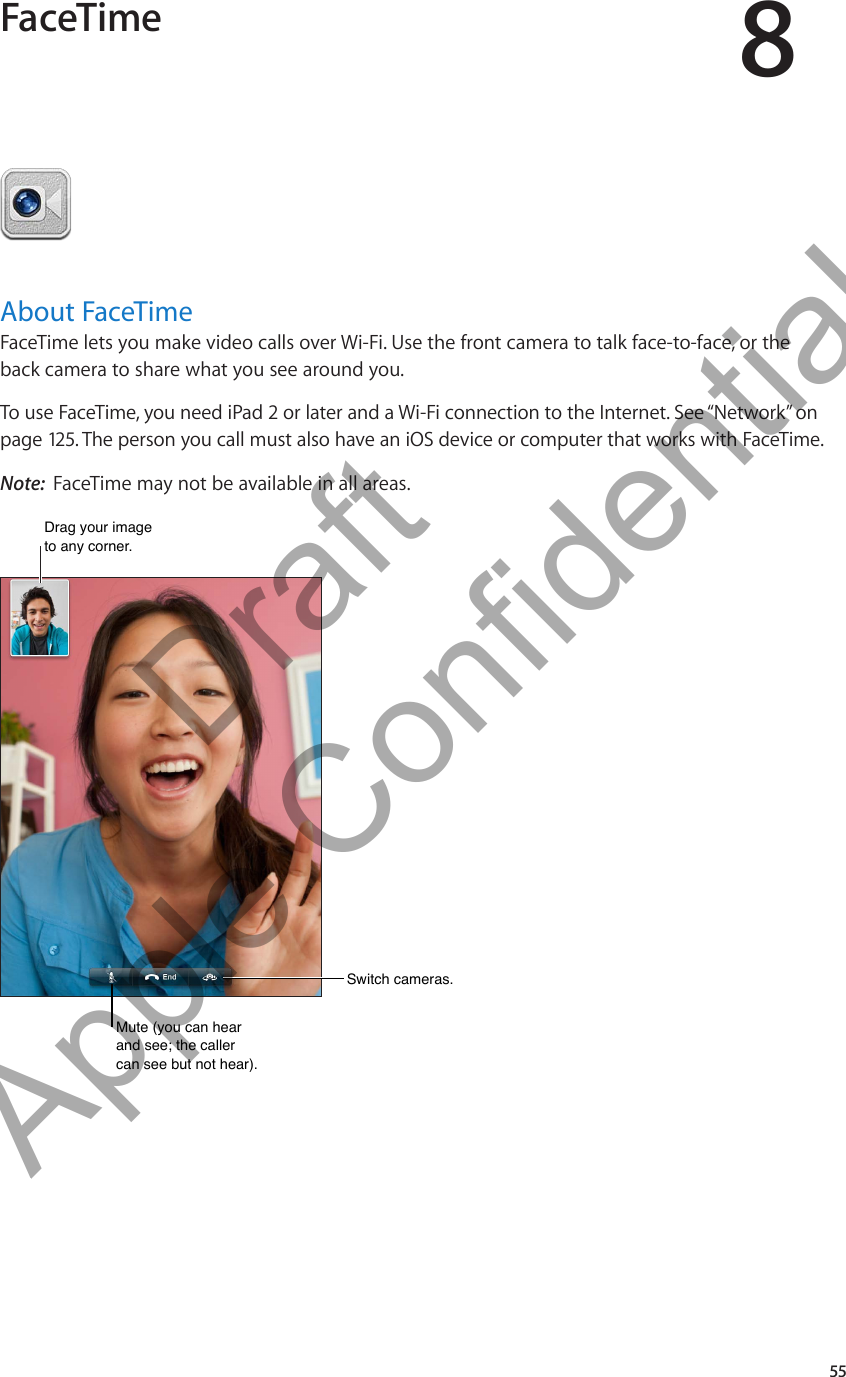FaceTime 8About FaceTimeFaceTime lets you make video calls over Wi-Fi. Use the front camera to talk face-to-face, or the back camera to share what you see around you.To use FaceTime, you need iPad 2 or later and a Wi-Fi connection to the Internet. See “Network” on page 125. The person you call must also have an iOS device or computer that works with FaceTime. Note:  FaceTime may not be available in all areas.Drag your image to any corner.Drag your image to any corner.Switch cameras. Switch cameras. Mute (you can hear and see; the caller can see but not hear). Mute (you can hear and see; the caller can see but not hear). 55          Draft  Apple Confidential 