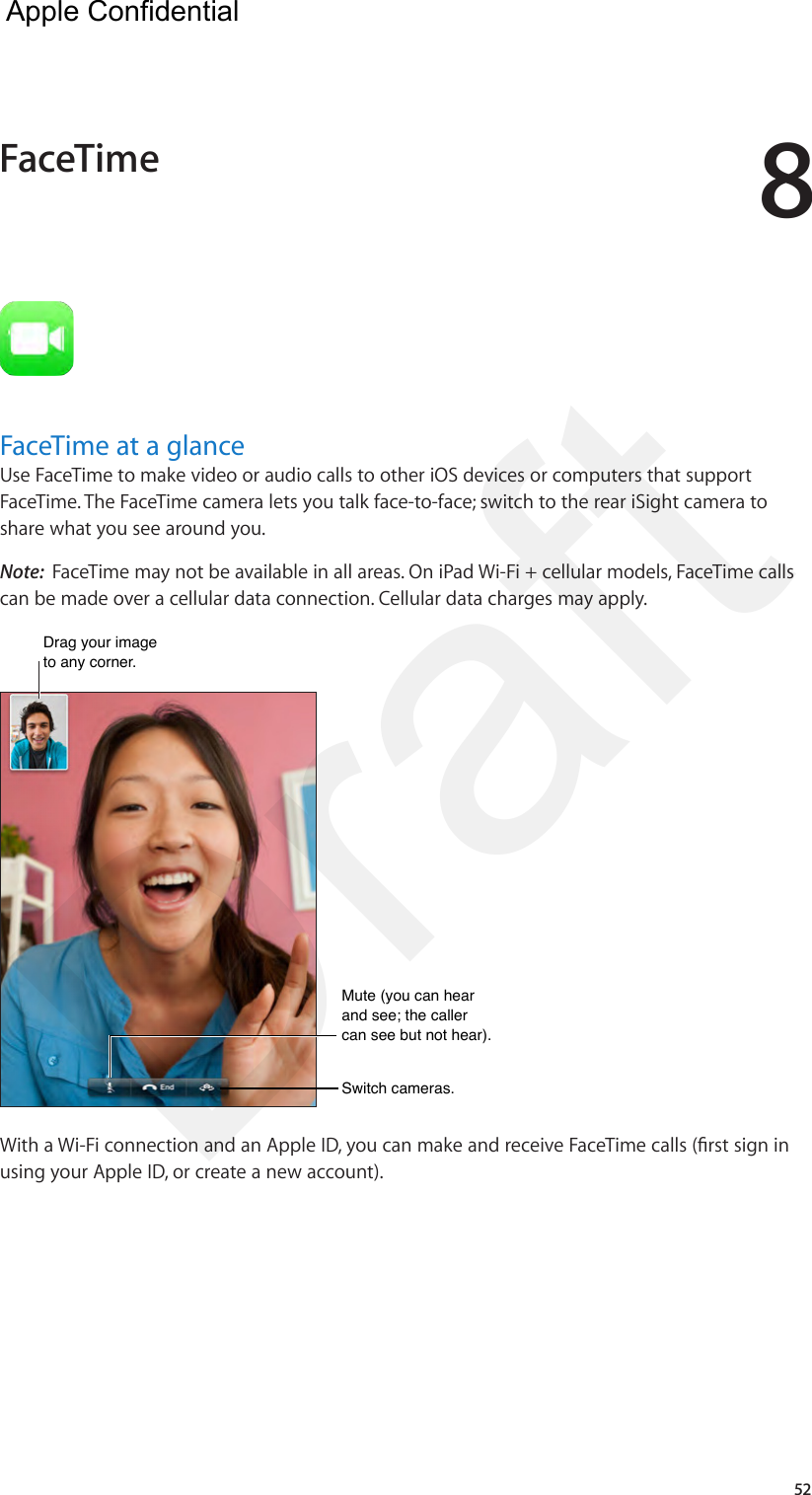 852FaceTime at a glanceUse FaceTime to make video or audio calls to other iOS devices or computers that support FaceTime. The FaceTime camera lets you talk face-to-face; switch to the rear iSight camera to share what you see around you.Note:  FaceTime may not be available in all areas. On iPad Wi-Fi + cellular models, FaceTime calls can be made over a cellular data connection. Cellular data charges may apply.Drag your image to any corner.Drag your image to any corner.Switch cameras. Switch cameras. Mute (you can hear and see; the caller can see but not hear). Mute (you can hear and see; the caller can see but not hear). With a Wi-Fi connection and an Apple ID, you can make and receive FaceTime calls (rst sign in using your Apple ID, or create a new account).FaceTime  Apple Confidential Draft