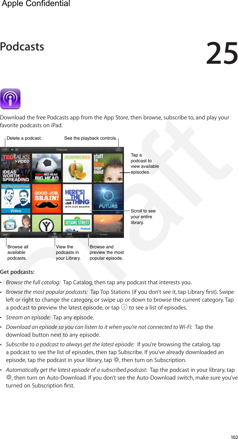 25102Download the free Podcasts app from the App Store, then browse, subscribe to, and play your favorite podcasts on iPad.View the podcasts in your Library.View the podcasts in your Library.Browse all available podcasts.Browse all available podcasts.Browse and preview the most popular episode.Browse and preview the most popular episode.Scroll to see your entire library.Scroll to see your entire library.Tap a podcast to view available episodes.Tap a podcast to view available episodes.Delete a podcast.Delete a podcast.See the playback controls.See the playback controls.Get podcasts:   •Browse the full catalog:  Tap Catalog, then tap any podcast that interests you. •Browse the most popular podcasts:  Tap Top Stations (if you don’t see it, tap Library rst). Swipeleft or right to change the category, or swipe up or down to browse the current category. Tapa podcast to preview the latest episode, or tap   to see a list of episodes. •Stream an episode:  Tap any episode. •Download an episode so you can listen to it when you’re not connected to Wi-Fi:  Tap thedownload button next to any episode. •Subscribe to a podcast to always get the latest episode:  If you’re browsing the catalog, tapa podcast to see the list of episodes, then tap Subscribe. If you’ve already downloaded anepisode, tap the podcast in your library, tap  , then turn on Subscription. •Automatically get the latest episode of a subscribed podcast:  Tap the podcast in your library, tap, then turn on Auto-Download. If you don’t see the Auto-Download switch, make sure you’ve turned on Subscription rst.Podcasts  Apple Confidential Draft