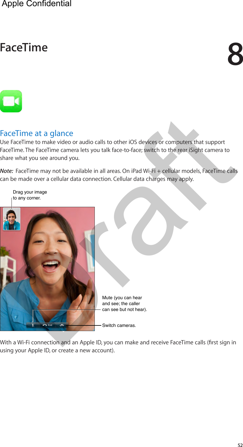 852FaceTime at a glanceUse FaceTime to make video or audio calls to other iOS devices or computers that support FaceTime. The FaceTime camera lets you talk face-to-face; switch to the rear iSight camera to share what you see around you.Note:  FaceTime may not be available in all areas. On iPad Wi-Fi + cellular models, FaceTime calls can be made over a cellular data connection. Cellular data charges may apply.Drag your image to any corner.Drag your image to any corner.Switch cameras. Switch cameras. Mute (you can hear and see; the caller can see but not hear). Mute (you can hear and see; the caller can see but not hear). using your Apple ID, or create a new account).FaceTime  Apple Confidential Draft