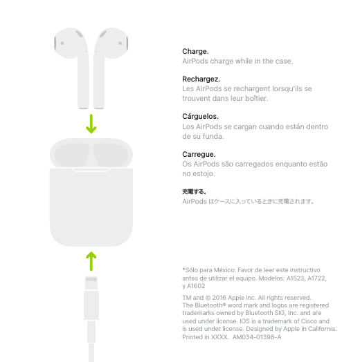 Charge.AirPods charge while in the case.Rechargez.Les AirPods se rechargent lorsqu’ils se trouvent dans leur boîtier.Cárguelos.Los AirPods se cargan cuando están dentro de su funda.Carregue.Os AirPods são carregados enquanto estão no estojo.充電する。AirPods はケースに入っているときに充電されます。*Sólo para México: Favor de leer este instructivo antes de utilizar el equipo. Modelos: A1523, A1722, y A1602TM and © 2016 Apple Inc. All rights reserved.  The Bluetooth® word mark and logos are registered trademarks owned by Bluetooth SIG, Inc. and are  used under license. IOS is a trademark of Cisco and  is used under license. Designed by Apple in California. Printed in XXXX.  AM034-01398-A