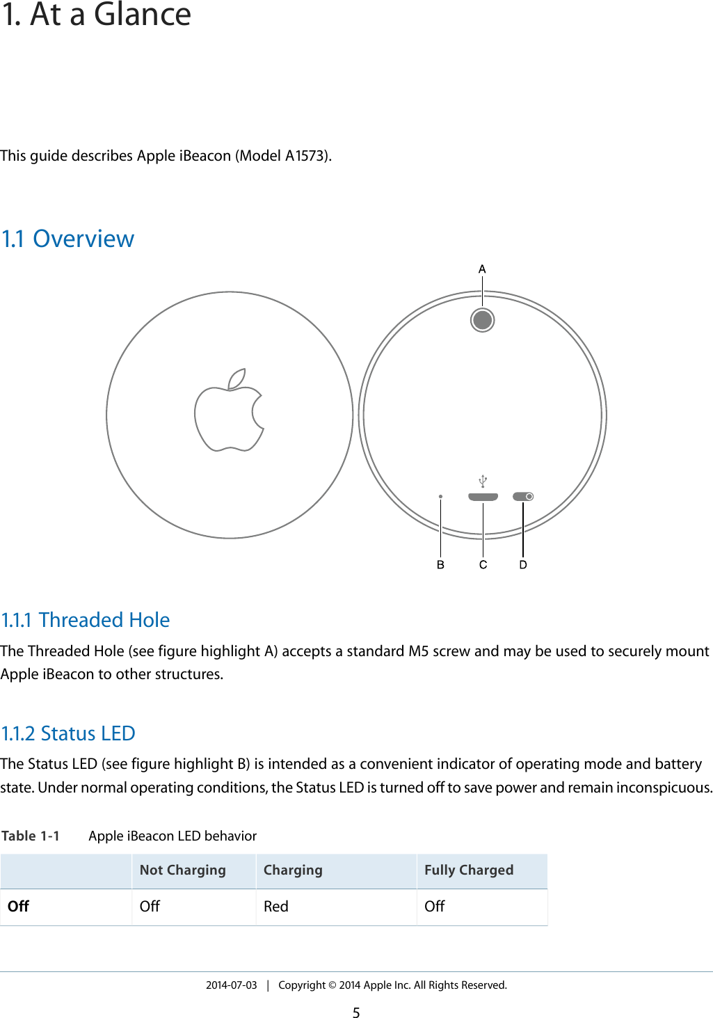 This guide describes Apple iBeacon (Model A1573).1.1 Overview1.1.1 Threaded HoleThe Threaded Hole (see figure highlight A) accepts a standard M5 screw and may be used to securely mountApple iBeacon to other structures.1.1.2 Status LEDThe Status LED (see figure highlight B) is intended as a convenient indicator of operating mode and batterystate. Under normal operating conditions, the Status LED is turned off to save power and remain inconspicuous.Table 1-1 Apple iBeacon LED behaviorFully ChargedChargingNot ChargingOffRedOffOff2014-07-03   |   Copyright © 2014 Apple Inc. All Rights Reserved.51. At a Glance