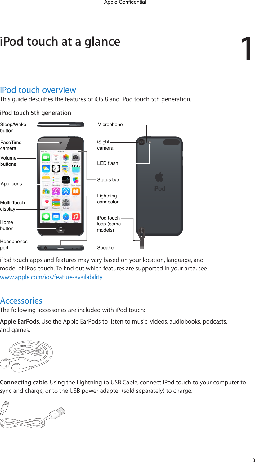 18iPod touch overviewThis guide describes the features of iOS 8 and iPod touch 5th generation. iPod touch 5th generationMicrophoneMicrophoneiSightcameraiSightcameraLED flashLED flashiPod touchloop (somemodels)iPod touchloop (somemodels)Sleep/WakebuttonSleep/WakebuttonVolumebuttonsVolumebuttonsHeadphonesportHeadphonesportFaceTimecameraFaceTimecameraHomebuttonHomebuttonMulti-TouchdisplayMulti-TouchdisplaySpeakerSpeakerLightningconnectorLightningconnectorApp iconsApp iconsStatus barStatus bariPod touch apps and features may vary based on your location, language, and modelofiPodtouch.Tondoutwhichfeaturesaresupportedinyourarea,seewww.apple.com/ios/feature-availability.AccessoriesThe following accessories are included with iPod touch:Apple EarPods. Use the Apple EarPods to listen to music, videos, audiobooks, podcasts, and games.Connecting cable. Using the Lightning to USB Cable, connect iPod touch to your computer to sync and charge, or to the USB power adapter (sold separately) to charge.iPod touch at a glanceApple Confidential