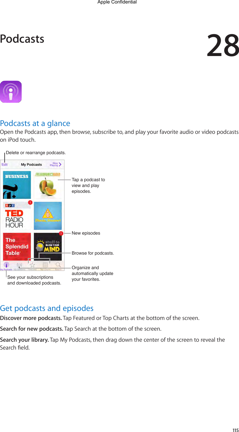 28115Podcasts at a glanceOpen the Podcasts app, then browse, subscribe to, and play your favorite audio or video podcasts on iPod touch.See your subscriptionsand downloaded podcasts.See your subscriptionsand downloaded podcasts.Delete or rearrange podcasts. Delete or rearrange podcasts. Tap a podcast to view and play episodes.Tap a podcast to view and play episodes.Organize and automatically update your favorites.Organize and automatically update your favorites.Browse for podcasts.Browse for podcasts.New episodesNew episodesGet podcasts and episodesDiscover more podcasts. Tap Featured or Top Charts at the bottom of the screen.Search for new podcasts. Tap Search at the bottom of the screen.Search your library. Tap My Podcasts, then drag down the center of the screen to reveal the Searcheld.PodcastsApple Confidential