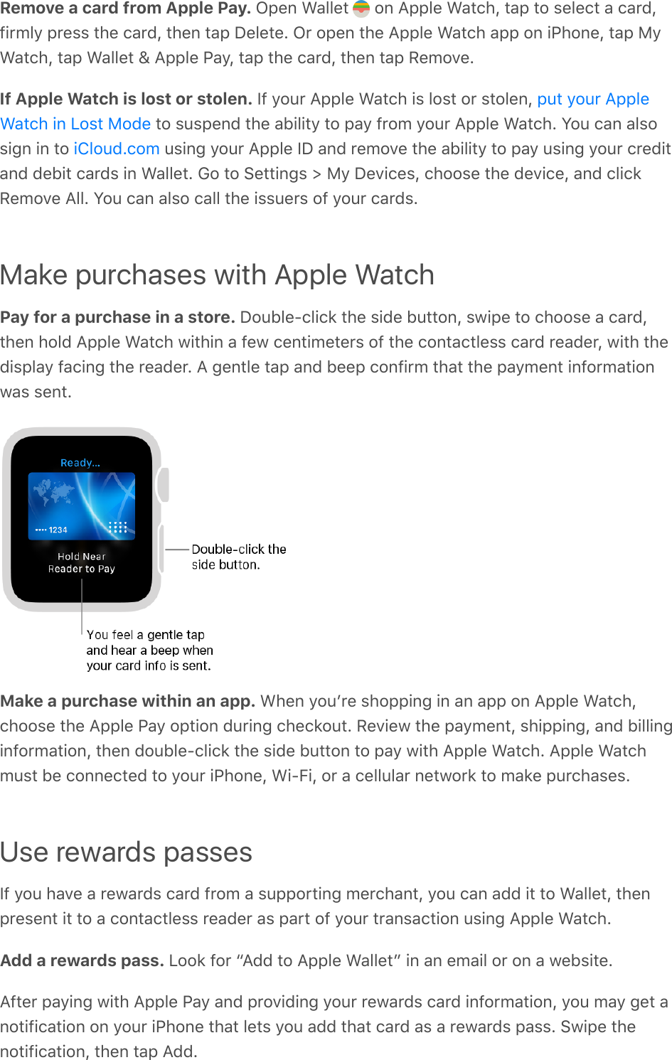Remove a card from Apple Pay. MC%,&amp;D&apos;&quot;&quot;%/&amp; &amp;#,&amp;9CC&quot;%&amp;D&apos;/()I&amp;/&apos;C&amp;/#&amp;$%&quot;%(/&amp;&apos;&amp;(&apos;*8I=+*;&quot;4&amp;C*%$$&amp;/)%&amp;(&apos;*8I&amp;/)%,&amp;/&apos;C&amp;L%&quot;%/%?&amp;M*&amp;#C%,&amp;/)%&amp;9CC&quot;%&amp;D&apos;/()&amp;&apos;CC&amp;#,&amp;+K)#,%I&amp;/&apos;C&amp;J4D&apos;/()I&amp;/&apos;C&amp;D&apos;&quot;&quot;%/&amp;i&amp;9CC&quot;%&amp;K&apos;4I&amp;/&apos;C&amp;/)%&amp;(&apos;*8I&amp;/)%,&amp;/&apos;C&amp;3%;#:%?If Apple Watch is lost or stolen. ]=&amp;4#2*&amp;9CC&quot;%&amp;D&apos;/()&amp;+$&amp;&quot;#$/&amp;#*&amp;$/#&quot;%,I&amp;&amp;/#&amp;$2$C%,8&amp;/)%&amp;&apos;&gt;+&quot;+/4&amp;/#&amp;C&apos;4&amp;=*#;&amp;4#2*&amp;9CC&quot;%&amp;D&apos;/()?&amp;7#2&amp;(&apos;,&amp;&apos;&quot;$#$+-,&amp;+,&amp;/#&amp; &amp;2$+,-&amp;4#2*&amp;9CC&quot;%&amp;]L&amp;&apos;,8&amp;*%;#:%&amp;/)%&amp;&apos;&gt;+&quot;+/4&amp;/#&amp;C&apos;4&amp;2$+,-&amp;4#2*&amp;(*%8+/&apos;,8&amp;8%&gt;+/&amp;(&apos;*8$&amp;+,&amp;D&apos;&quot;&quot;%/?&amp;F#&amp;/#&amp;.%//+,-$&amp;d&amp;J4&amp;L%:+(%$I&amp;()##$%&amp;/)%&amp;8%:+(%I&amp;&apos;,8&amp;(&quot;+(13%;#:%&amp;9&quot;&quot;?&amp;7#2&amp;(&apos;,&amp;&apos;&quot;$#&amp;(&apos;&quot;&quot;&amp;/)%&amp;+$$2%*$&amp;#=&amp;4#2*&amp;(&apos;*8$?Make purchases with Apple WatchPay for a purchase in a store. L#2&gt;&quot;%A(&quot;+(1&amp;/)%&amp;$+8%&amp;&gt;2//#,I&amp;$0+C%&amp;/#&amp;()##$%&amp;&apos;&amp;(&apos;*8I/)%,&amp;)#&quot;8&amp;9CC&quot;%&amp;D&apos;/()&amp;0+/)+,&amp;&apos;&amp;=%0&amp;(%,/+;%/%*$&amp;#=&amp;/)%&amp;(#,/&apos;(/&quot;%$$&amp;(&apos;*8&amp;*%&apos;8%*I&amp;0+/)&amp;/)%8+$C&quot;&apos;4&amp;=&apos;(+,-&amp;/)%&amp;*%&apos;8%*?&amp;9&amp;-%,/&quot;%&amp;/&apos;C&amp;&apos;,8&amp;&gt;%%C&amp;(#,=+*;&amp;/)&apos;/&amp;/)%&amp;C&apos;4;%,/&amp;+,=#*;&apos;/+#,0&apos;$&amp;$%,/?Make a purchase within an app. D)%,&amp;4#2`*%&amp;$)#CC+,-&amp;+,&amp;&apos;,&amp;&apos;CC&amp;#,&amp;9CC&quot;%&amp;D&apos;/()I()##$%&amp;/)%&amp;9CC&quot;%&amp;K&apos;4&amp;#C/+#,&amp;82*+,-&amp;()%(1#2/?&amp;3%:+%0&amp;/)%&amp;C&apos;4;%,/I&amp;$)+CC+,-I&amp;&apos;,8&amp;&gt;+&quot;&quot;+,-+,=#*;&apos;/+#,I&amp;/)%,&amp;8#2&gt;&quot;%A(&quot;+(1&amp;/)%&amp;$+8%&amp;&gt;2//#,&amp;/#&amp;C&apos;4&amp;0+/)&amp;9CC&quot;%&amp;D&apos;/()?&amp;9CC&quot;%&amp;D&apos;/();2$/&amp;&gt;%&amp;(#,,%(/%8&amp;/#&amp;4#2*&amp;+K)#,%I&amp;D+AH+I&amp;#*&amp;&apos;&amp;(%&quot;&quot;2&quot;&apos;*&amp;,%/0#*1&amp;/#&amp;;&apos;1%&amp;C2*()&apos;$%$?Use rewards passes]=&amp;4#2&amp;)&apos;:%&amp;&apos;&amp;*%0&apos;*8$&amp;(&apos;*8&amp;=*#;&amp;&apos;&amp;$2CC#*/+,-&amp;;%*()&apos;,/I&amp;4#2&amp;(&apos;,&amp;&apos;88&amp;+/&amp;/#&amp;D&apos;&quot;&quot;%/I&amp;/)%,C*%$%,/&amp;+/&amp;/#&amp;&apos;&amp;(#,/&apos;(/&quot;%$$&amp;*%&apos;8%*&amp;&apos;$&amp;C&apos;*/&amp;#=&amp;4#2*&amp;/*&apos;,$&apos;(/+#,&amp;2$+,-&amp;9CC&quot;%&amp;D&apos;/()?Add a rewards pass. B##1&amp;=#*&amp;b988&amp;/#&amp;9CC&quot;%&amp;D&apos;&quot;&quot;%/c&amp;+,&amp;&apos;,&amp;%;&apos;+&quot;&amp;#*&amp;#,&amp;&apos;&amp;0%&gt;$+/%?9=/%*&amp;C&apos;4+,-&amp;0+/)&amp;9CC&quot;%&amp;K&apos;4&amp;&apos;,8&amp;C*#:+8+,-&amp;4#2*&amp;*%0&apos;*8$&amp;(&apos;*8&amp;+,=#*;&apos;/+#,I&amp;4#2&amp;;&apos;4&amp;-%/&amp;&apos;,#/+=+(&apos;/+#,&amp;#,&amp;4#2*&amp;+K)#,%&amp;/)&apos;/&amp;&quot;%/$&amp;4#2&amp;&apos;88&amp;/)&apos;/&amp;(&apos;*8&amp;&apos;$&amp;&apos;&amp;*%0&apos;*8$&amp;C&apos;$$?&amp;.0+C%&amp;/)%,#/+=+(&apos;/+#,I&amp;/)%,&amp;/&apos;C&amp;988?C2/&amp;4#2*&amp;9CC&quot;%D&apos;/()&amp;+,&amp;B#$/&amp;J#8%+!&quot;#28?(#;