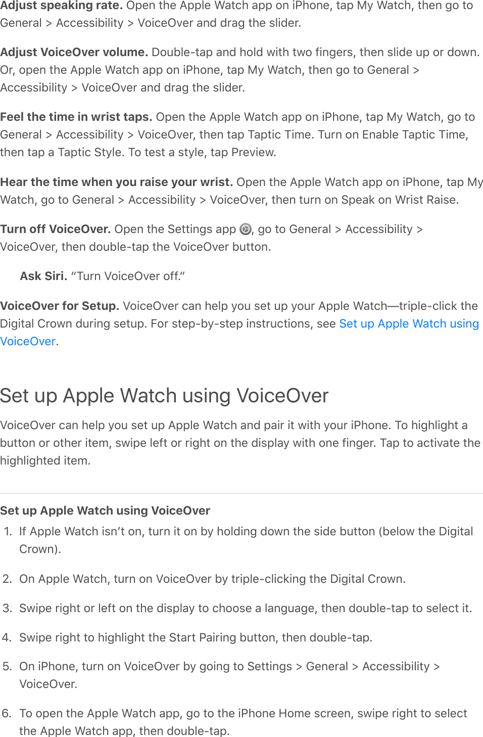 Adjust speaking rate. MC%,&amp;/)%&amp;9CC&quot;%&amp;D&apos;/()&amp;&apos;CC&amp;#,&amp;+K)#,%I&amp;/&apos;C&amp;J4&amp;D&apos;/()I&amp;/)%,&amp;-#&amp;/#F%,%*&apos;&quot;&amp;d&amp;9((%$$+&gt;+&quot;+/4&amp;d&amp;^#+(%M:%*&amp;&apos;,8&amp;8*&apos;-&amp;/)%&amp;$&quot;+8%*?Adjust VoiceOver volume. L#2&gt;&quot;%A/&apos;C&amp;&apos;,8&amp;)#&quot;8&amp;0+/)&amp;/0#&amp;=+,-%*$I&amp;/)%,&amp;$&quot;+8%&amp;2C&amp;#*&amp;8#0,?M*I&amp;#C%,&amp;/)%&amp;9CC&quot;%&amp;D&apos;/()&amp;&apos;CC&amp;#,&amp;+K)#,%I&amp;/&apos;C&amp;J4&amp;D&apos;/()I&amp;/)%,&amp;-#&amp;/#&amp;F%,%*&apos;&quot;&amp;d9((%$$+&gt;+&quot;+/4&amp;d&amp;^#+(%M:%*&amp;&apos;,8&amp;8*&apos;-&amp;/)%&amp;$&quot;+8%*?Feel the time in wrist taps. MC%,&amp;/)%&amp;9CC&quot;%&amp;D&apos;/()&amp;&apos;CC&amp;#,&amp;+K)#,%I&amp;/&apos;C&amp;J4&amp;D&apos;/()I&amp;-#&amp;/#F%,%*&apos;&quot;&amp;d&amp;9((%$$+&gt;+&quot;+/4&amp;d&amp;^#+(%M:%*I&amp;/)%,&amp;/&apos;C&amp;@&apos;C/+(&amp;@+;%?&amp;@2*,&amp;#,&amp;h,&apos;&gt;&quot;%&amp;@&apos;C/+(&amp;@+;%I/)%,&amp;/&apos;C&amp;&apos;&amp;@&apos;C/+(&amp;./4&quot;%?&amp;@#&amp;/%$/&amp;&apos;&amp;$/4&quot;%I&amp;/&apos;C&amp;K*%:+%0?Hear the time when you raise your wrist. MC%,&amp;/)%&amp;9CC&quot;%&amp;D&apos;/()&amp;&apos;CC&amp;#,&amp;+K)#,%I&amp;/&apos;C&amp;J4D&apos;/()I&amp;-#&amp;/#&amp;F%,%*&apos;&quot;&amp;d&amp;9((%$$+&gt;+&quot;+/4&amp;d&amp;^#+(%M:%*I&amp;/)%,&amp;/2*,&amp;#,&amp;.C%&apos;1&amp;#,&amp;D*+$/&amp;3&apos;+$%?Turn off VoiceOver. MC%,&amp;/)%&amp;.%//+,-$&amp;&apos;CC&amp; I&amp;-#&amp;/#&amp;F%,%*&apos;&quot;&amp;d&amp;9((%$$+&gt;+&quot;+/4&amp;d^#+(%M:%*I&amp;/)%,&amp;8#2&gt;&quot;%A/&apos;C&amp;/)%&amp;^#+(%M:%*&amp;&gt;2//#,?Ask Siri. b@2*,&amp;^#+(%M:%*&amp;#==?cVoiceOver for Setup. ^#+(%M:%*&amp;(&apos;,&amp;)%&quot;C&amp;4#2&amp;$%/&amp;2C&amp;4#2*&amp;9CC&quot;%&amp;D&apos;/()V/*+C&quot;%A(&quot;+(1&amp;/)%L+-+/&apos;&quot;&amp;!*#0,&amp;82*+,-&amp;$%/2C?&amp;H#*&amp;$/%CA&gt;4A$/%C&amp;+,$/*2(/+#,$I&amp;$%%&amp;?Set up Apple Watch using VoiceOver^#+(%M:%*&amp;(&apos;,&amp;)%&quot;C&amp;4#2&amp;$%/&amp;2C&amp;9CC&quot;%&amp;D&apos;/()&amp;&apos;,8&amp;C&apos;+*&amp;+/&amp;0+/)&amp;4#2*&amp;+K)#,%?&amp;@#&amp;)+-)&quot;+-)/&amp;&apos;&gt;2//#,&amp;#*&amp;#/)%*&amp;+/%;I&amp;$0+C%&amp;&quot;%=/&amp;#*&amp;*+-)/&amp;#,&amp;/)%&amp;8+$C&quot;&apos;4&amp;0+/)&amp;#,%&amp;=+,-%*?&amp;@&apos;C&amp;/#&amp;&apos;(/+:&apos;/%&amp;/)%)+-)&quot;+-)/%8&amp;+/%;?Set up Apple Watch using VoiceOverX?&amp; ]=&amp;9CC&quot;%&amp;D&apos;/()&amp;+$,`/&amp;#,I&amp;/2*,&amp;+/&amp;#,&amp;&gt;4&amp;)#&quot;8+,-&amp;8#0,&amp;/)%&amp;$+8%&amp;&gt;2//#,&amp;Q&gt;%&quot;#0&amp;/)%&amp;L+-+/&apos;&quot;!*#0,S?R?&amp; M,&amp;9CC&quot;%&amp;D&apos;/()I&amp;/2*,&amp;#,&amp;^#+(%M:%*&amp;&gt;4&amp;/*+C&quot;%A(&quot;+(1+,-&amp;/)%&amp;L+-+/&apos;&quot;&amp;!*#0,?T?&amp; .0+C%&amp;*+-)/&amp;#*&amp;&quot;%=/&amp;#,&amp;/)%&amp;8+$C&quot;&apos;4&amp;/#&amp;()##$%&amp;&apos;&amp;&quot;&apos;,-2&apos;-%I&amp;/)%,&amp;8#2&gt;&quot;%A/&apos;C&amp;/#&amp;$%&quot;%(/&amp;+/?N?&amp; .0+C%&amp;*+-)/&amp;/#&amp;)+-)&quot;+-)/&amp;/)%&amp;./&apos;*/&amp;K&apos;+*+,-&amp;&gt;2//#,I&amp;/)%,&amp;8#2&gt;&quot;%A/&apos;C?Z?&amp; M,&amp;+K)#,%I&amp;/2*,&amp;#,&amp;^#+(%M:%*&amp;&gt;4&amp;-#+,-&amp;/#&amp;.%//+,-$&amp;d&amp;F%,%*&apos;&quot;&amp;d&amp;9((%$$+&gt;+&quot;+/4&amp;d^#+(%M:%*?\?&amp; @#&amp;#C%,&amp;/)%&amp;9CC&quot;%&amp;D&apos;/()&amp;&apos;CCI&amp;-#&amp;/#&amp;/)%&amp;+K)#,%&amp;5#;%&amp;$(*%%,I&amp;$0+C%&amp;*+-)/&amp;/#&amp;$%&quot;%(//)%&amp;9CC&quot;%&amp;D&apos;/()&amp;&apos;CCI&amp;/)%,&amp;8#2&gt;&quot;%A/&apos;C?.%/&amp;2C&amp;9CC&quot;%&amp;D&apos;/()&amp;2$+,-^#+(%M:%*