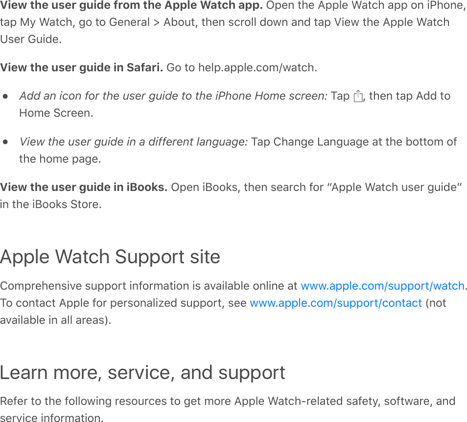 View the user guide from the Apple Watch app. MC%,&amp;/)%&amp;9CC&quot;%&amp;D&apos;/()&amp;&apos;CC&amp;#,&amp;+K)#,%I/&apos;C&amp;J4&amp;D&apos;/()I&amp;-#&amp;/#&amp;F%,%*&apos;&quot;&amp;d&amp;9&gt;#2/I&amp;/)%,&amp;$(*#&quot;&quot;&amp;8#0,&amp;&apos;,8&amp;/&apos;C&amp;^+%0&amp;/)%&amp;9CC&quot;%&amp;D&apos;/()E$%*&amp;F2+8%?View the user guide in Safari. F#&amp;/#&amp;)%&quot;C?&apos;CC&quot;%?(#;p0&apos;/()?Add an icon for the user guide to the iPhone Home screen: @&apos;C&amp; I&amp;/)%,&amp;/&apos;C&amp;988&amp;/#5#;%&amp;.(*%%,?View the user guide in a different language: @&apos;C&amp;!)&apos;,-%&amp;B&apos;,-2&apos;-%&amp;&apos;/&amp;/)%&amp;&gt;#//#;&amp;#=/)%&amp;)#;%&amp;C&apos;-%?View the user guide in iBooks. MC%,&amp;+G##1$I&amp;/)%,&amp;$%&apos;*()&amp;=#*&amp;b9CC&quot;%&amp;D&apos;/()&amp;2$%*&amp;-2+8%c+,&amp;/)%&amp;+G##1$&amp;./#*%?Apple Watch Support site!#;C*%)%,$+:%&amp;$2CC#*/&amp;+,=#*;&apos;/+#,&amp;+$&amp;&apos;:&apos;+&quot;&apos;&gt;&quot;%&amp;#,&quot;+,%&amp;&apos;/&amp; ?@#&amp;(#,/&apos;(/&amp;9CC&quot;%&amp;=#*&amp;C%*$#,&apos;&quot;+O%8&amp;$2CC#*/I&amp;$%%&amp; &amp;Q,#/&apos;:&apos;+&quot;&apos;&gt;&quot;%&amp;+,&amp;&apos;&quot;&quot;&amp;&apos;*%&apos;$S?Learn more, service, and support3%=%*&amp;/#&amp;/)%&amp;=#&quot;&quot;#0+,-&amp;*%$#2*(%$&amp;/#&amp;-%/&amp;;#*%&amp;9CC&quot;%&amp;D&apos;/()A*%&quot;&apos;/%8&amp;$&apos;=%/4I&amp;$#=/0&apos;*%I&amp;&apos;,8$%*:+(%&amp;+,=#*;&apos;/+#,?000?&apos;CC&quot;%?(#;p$2CC#*/p0&apos;/()000?&apos;CC&quot;%?(#;p$2CC#*/p(#,/&apos;(/