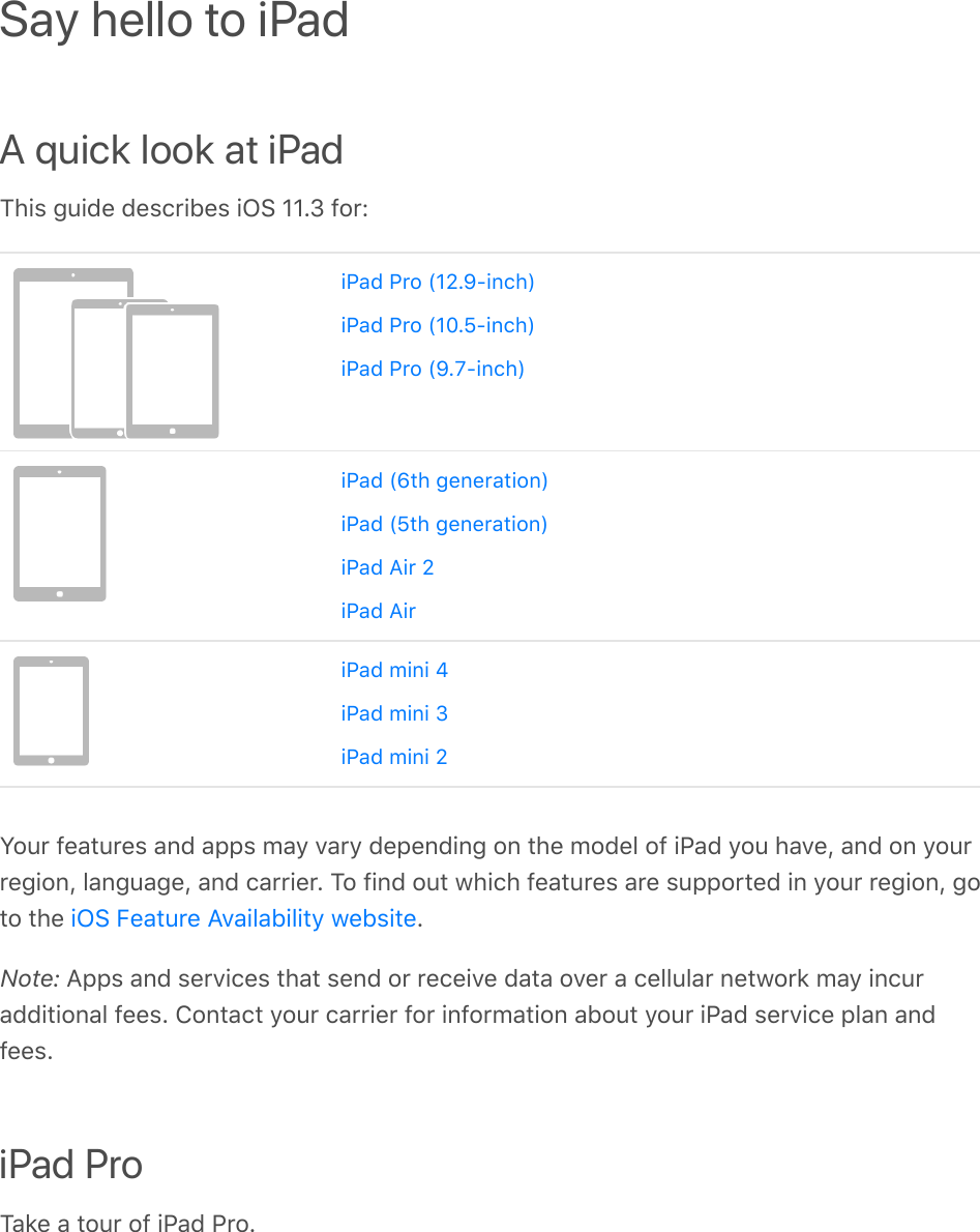 A quick look at iPadThis guide describes iOS 11.3 for:Your features and apps may vary depending on the model of iPad you have, and on yourregion, language, and carrier. To find out which features are supported in your region, goto the  .Note: Apps and services that send or receive data over a cellular network may incuradditional fees. Contact your carrier for information about your iPad service plan andfees.iPad ProTake a tour of iPad Pro.Say hello to iPadiPad Pro (12.9-inch)iPad Pro (10.5-inch)iPad Pro (9.7-inch)iPad (6th generation)iPad (5th generation)iPad Air 2iPad AiriPad mini 4iPad mini 3iPad mini 2iOS Feature Availability website