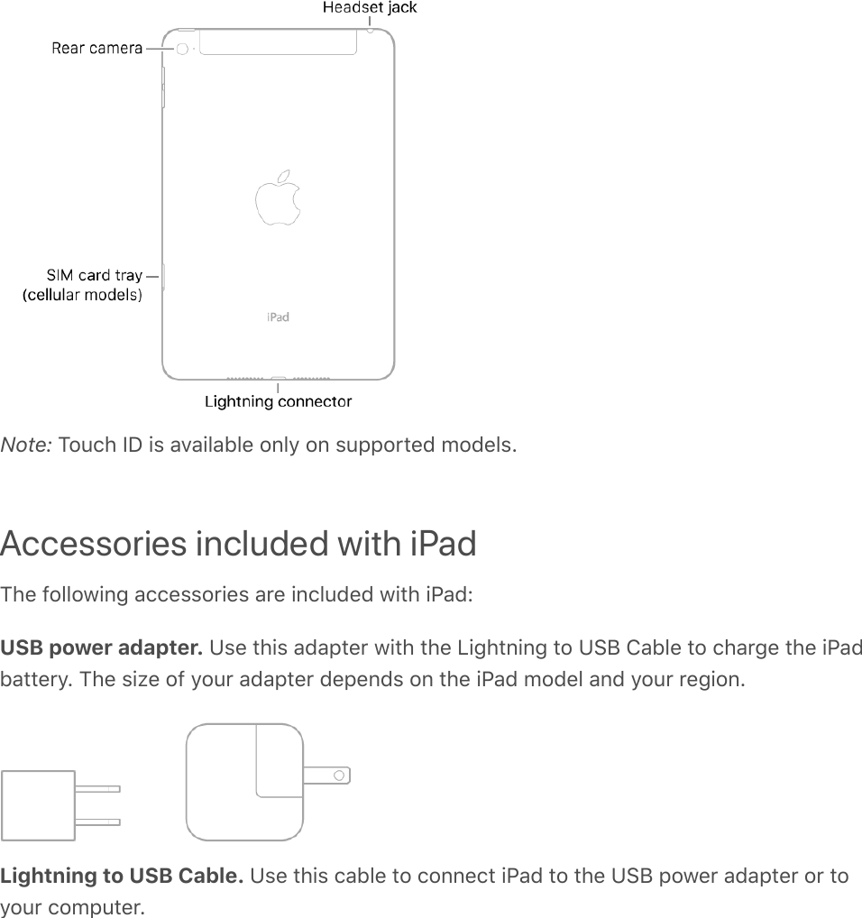 Note: Touch ID is available only on supported models.Accessories included with iPadThe following accessories are included with iPad:USB power adapter. Use this adapter with the Lightning to USB Cable to charge the iPadbattery. The size of your adapter depends on the iPad model and your region.Lightning to USB Cable. Use this cable to connect iPad to the USB power adapter or toyour computer.
