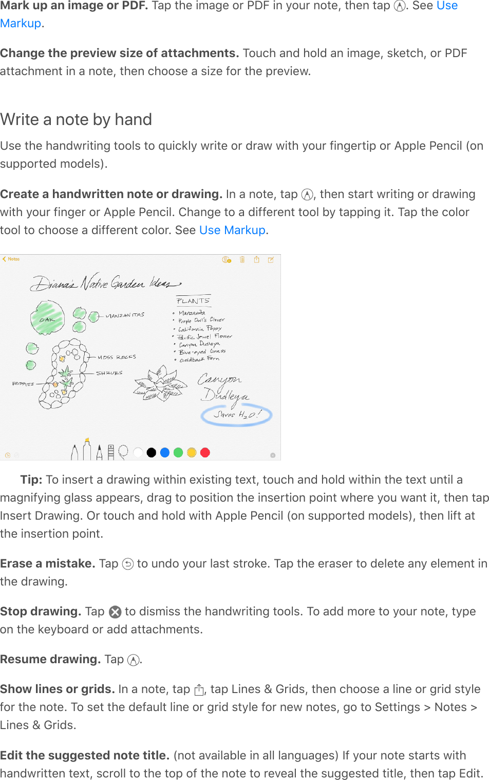 Mark up an image or PDF. Tap the image or PDF in your note, then tap  . See .Change the preview size of attachments. Touch and hold an image, sketch, or PDFattachment in a note, then choose a size for the preview.Write a note by handUse the handwriting tools to quickly write or draw with your fingertip or Apple Pencil (onsupported models).Create a handwritten note or drawing. In a note, tap  , then start writing or drawingwith your finger or Apple Pencil. Change to a different tool by tapping it. Tap the colortool to choose a different color. See  .Tip: To insert a drawing within existing text, touch and hold within the text until amagnifying glass appears, drag to position the insertion point where you want it, then tapInsert Drawing. Or touch and hold with Apple Pencil (on supported models), then lift atthe insertion point.Erase a mistake. Tap   to undo your last stroke. Tap the eraser to delete any element inthe drawing.Stop drawing. Tap   to dismiss the handwriting tools. To add more to your note, typeon the keyboard or add attachments.Resume drawing. Tap  .Show lines or grids. In a note, tap  , tap Lines &amp; Grids, then choose a line or grid stylefor the note. To set the default line or grid style for new notes, go to Settings &gt; Notes &gt;Lines &amp; Grids.Edit the suggested note title. (not available in all languages) If your note starts withhandwritten text, scroll to the top of the note to reveal the suggested title, then tap Edit.UseMarkupUse Markup