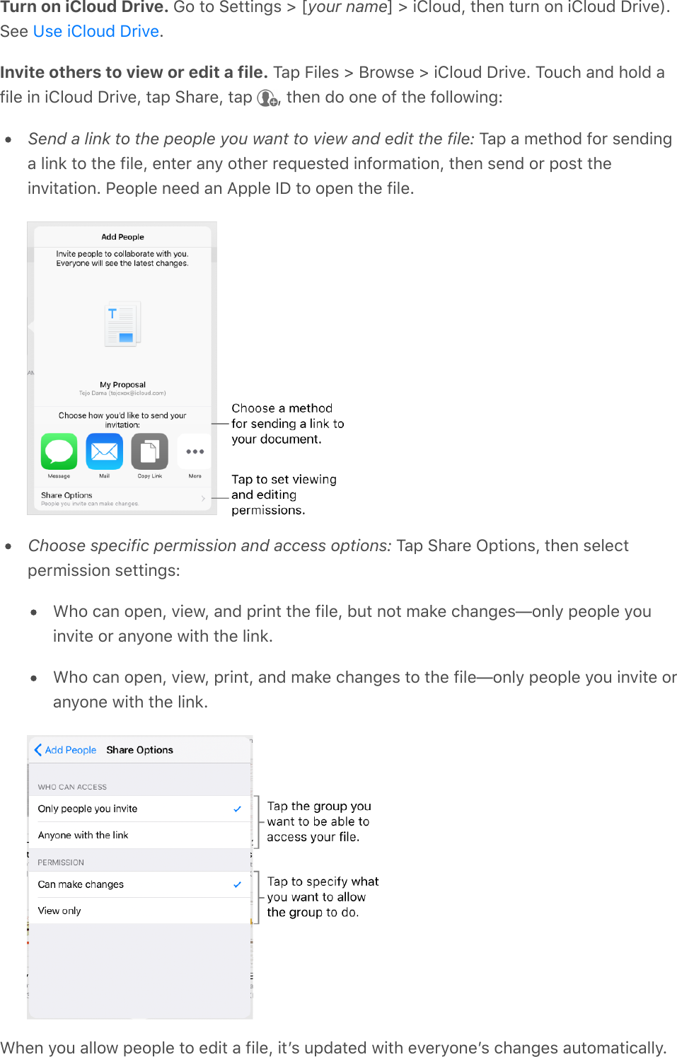 Turn on iCloud Drive. Go to Settings &gt; [your name] &gt; iCloud, then turn on iCloud Drive).See  .Invite others to view or edit a file. Tap Files &gt; Browse &gt; iCloud Drive. Touch and hold afile in iCloud Drive, tap Share, tap  , then do one of the following:Send a link to the people you want to view and edit the file: Tap a method for sendinga link to the file, enter any other requested information, then send or post theinvitation. People need an Apple ID to open the file.Choose specific permission and access options: Tap Share Options, then selectpermission settings:Who can open, view, and print the file, but not make changes—only people youinvite or anyone with the link.Who can open, view, print, and make changes to the file—only people you invite oranyone with the link.When you allow people to edit a file, itʼs updated with everyoneʼs changes automatically.Use iCloud Drive