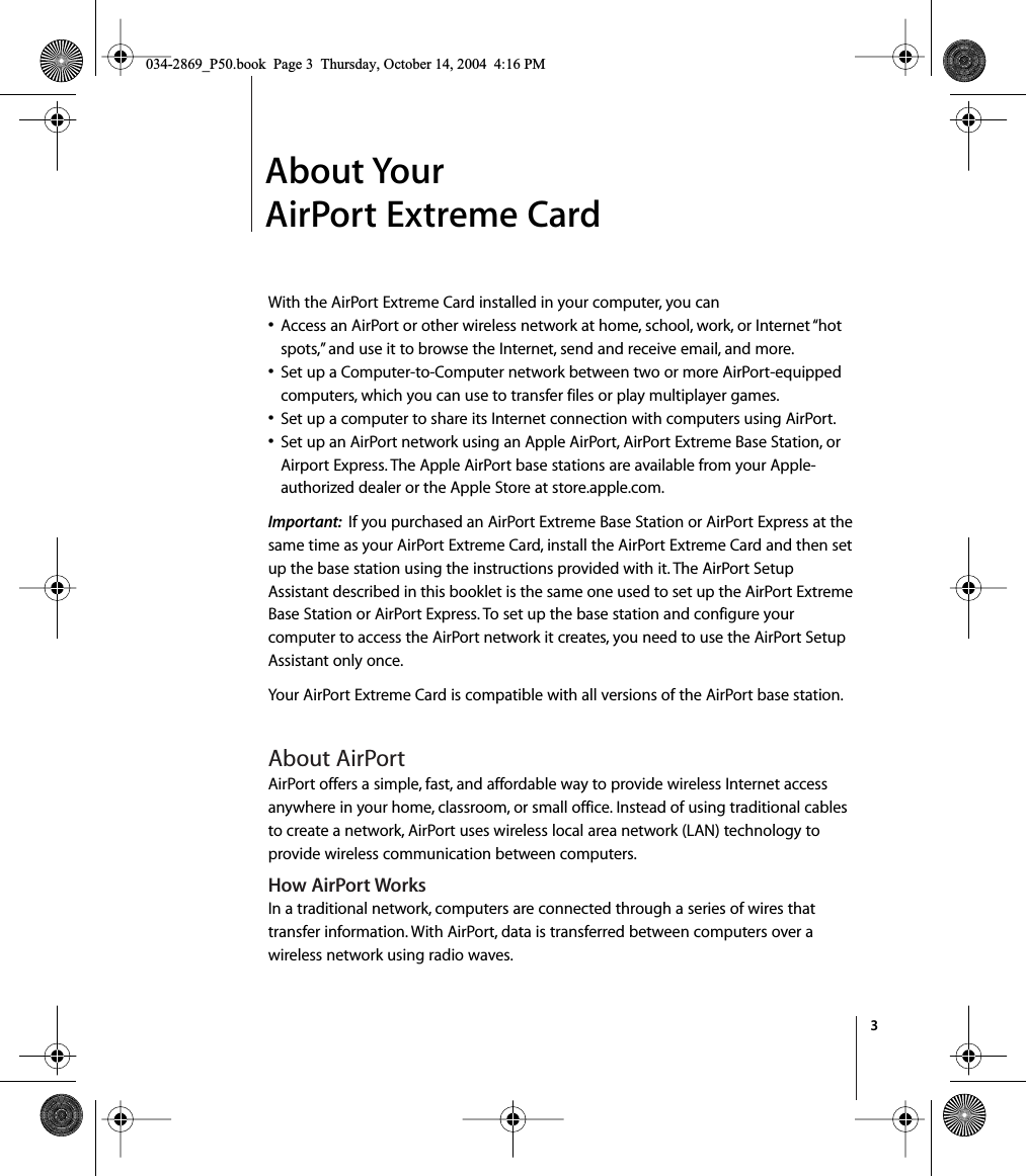 Page 3 of 12 - Apple AirPortExtremeCard AirPort Extreme Card User's Guide (Manual) User Manual Air Port User\'s Guide(Manual) Users