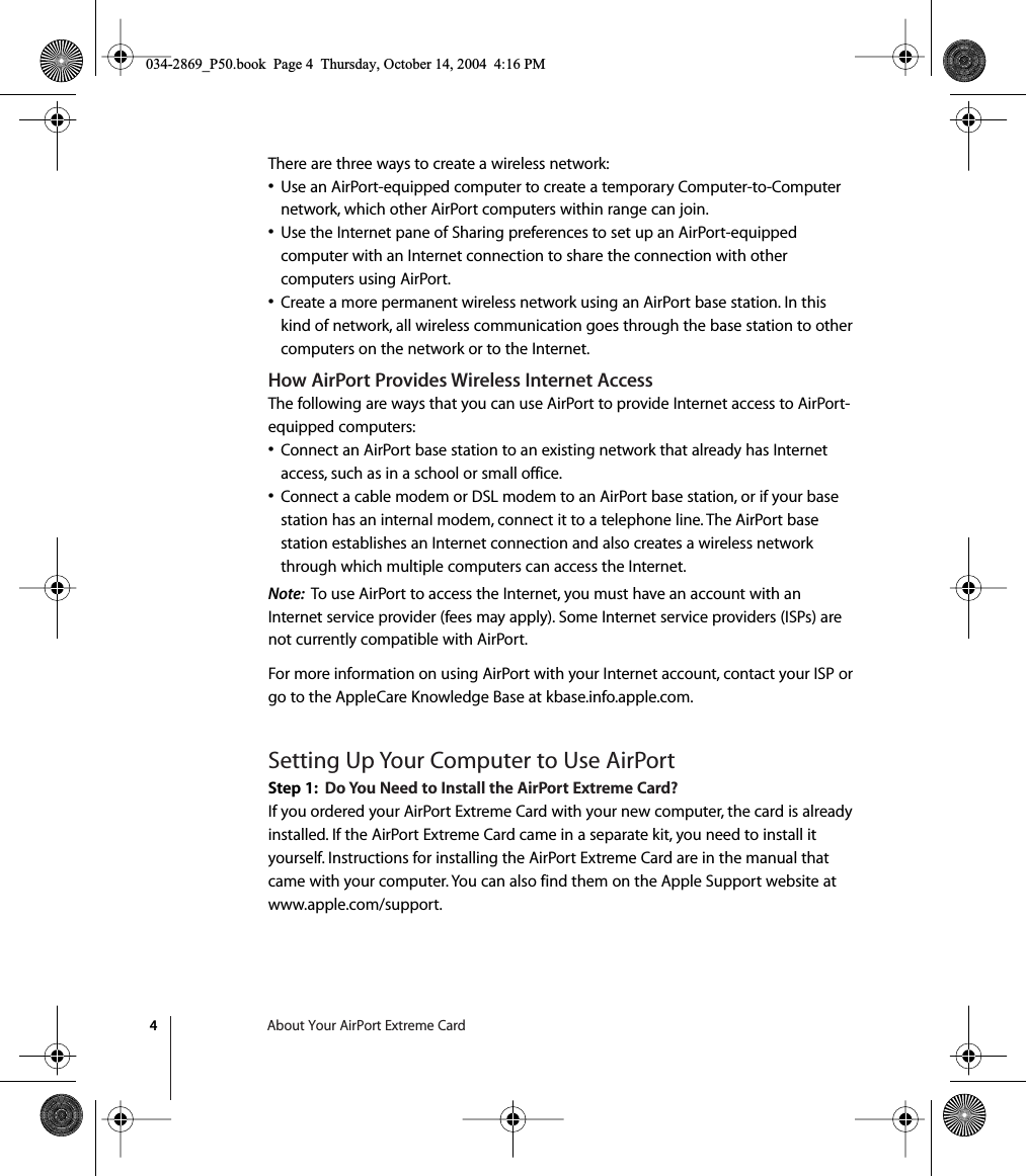 Page 4 of 12 - Apple AirPortExtremeCard AirPort Extreme Card User's Guide (Manual) User Manual Air Port User\'s Guide(Manual) Users