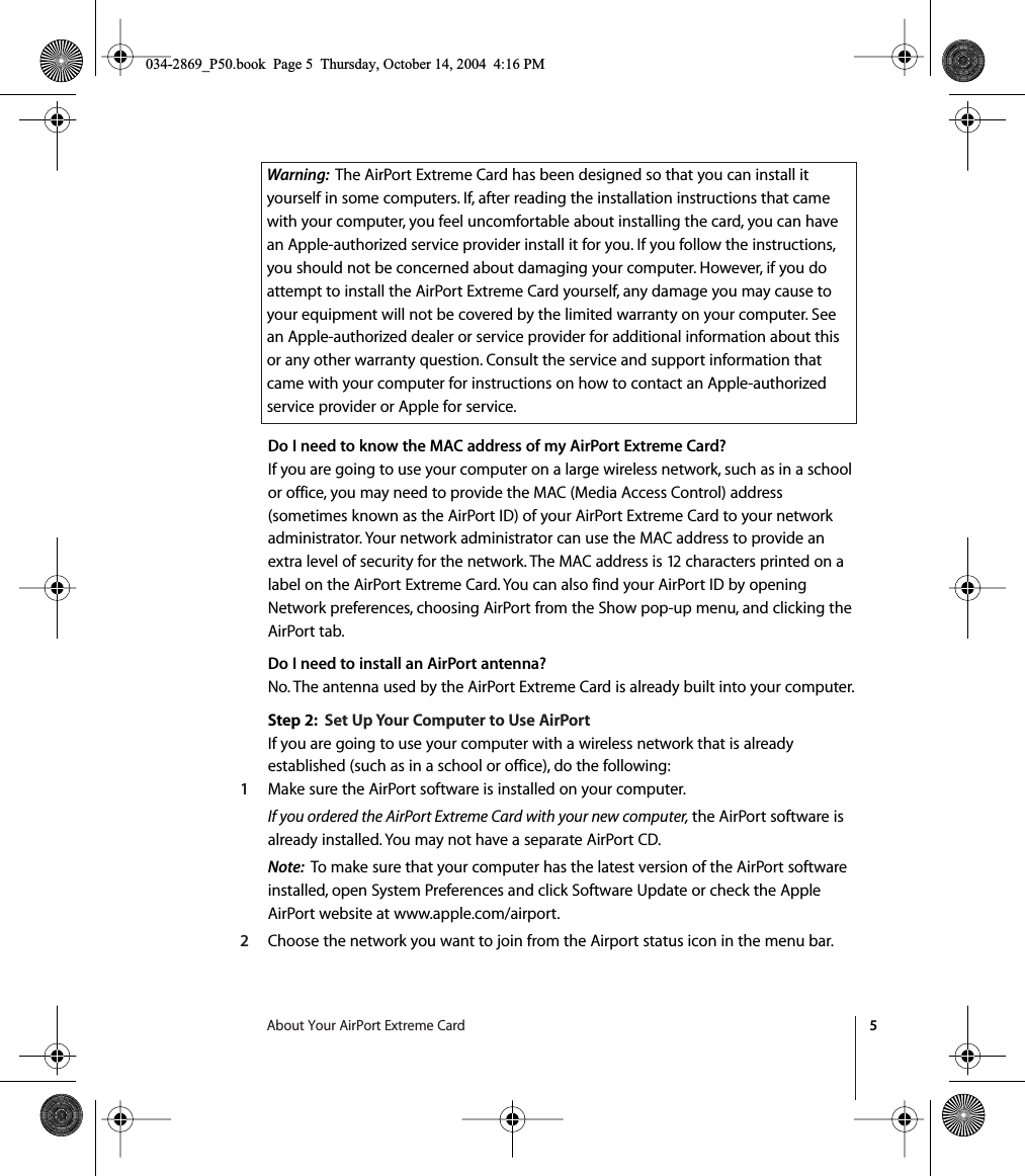 Page 5 of 12 - Apple AirPortExtremeCard AirPort Extreme Card User's Guide (Manual) User Manual Air Port User\'s Guide(Manual) Users