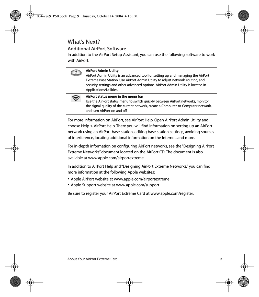 Page 9 of 12 - Apple AirPortExtremeCard AirPort Extreme Card User's Guide (Manual) User Manual Air Port User\'s Guide(Manual) Users