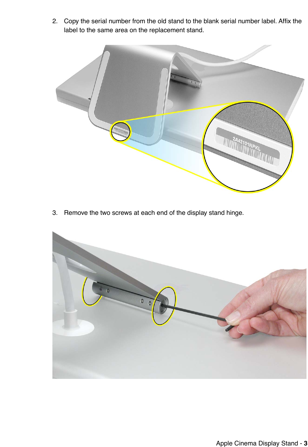 Page 3 of 5 - Apple AppleCinemaDisplay(20-inchDVI) 073-0933_inbx User Manual Cinema Display(20-inch,DVI),(23-inch,DVI),(30-inch,DVI)-Display Stand Replacement Instructions 073-0933