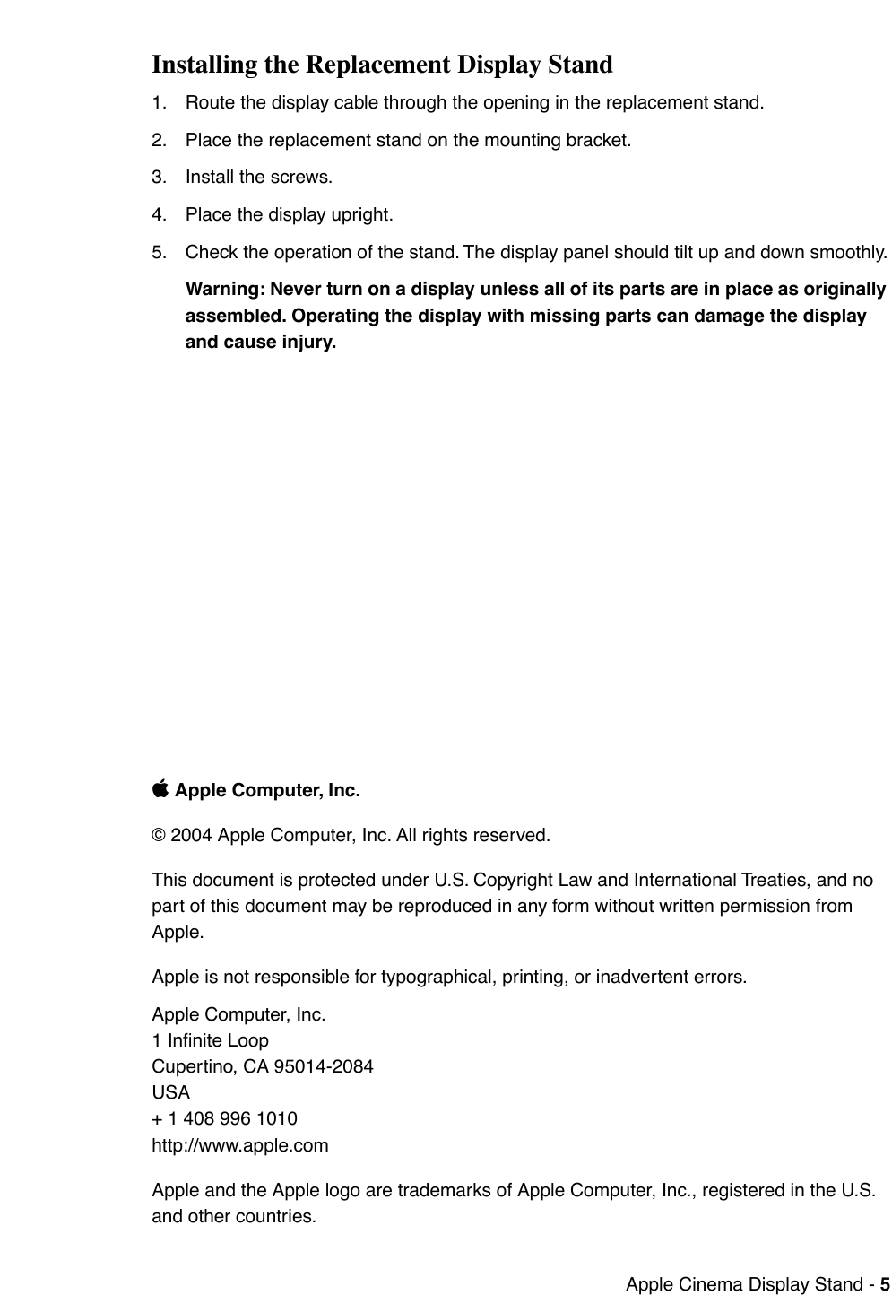 Page 5 of 5 - Apple AppleCinemaDisplay(20-inchDVI) 073-0933_inbx User Manual Cinema Display(20-inch,DVI),(23-inch,DVI),(30-inch,DVI)-Display Stand Replacement Instructions 073-0933
