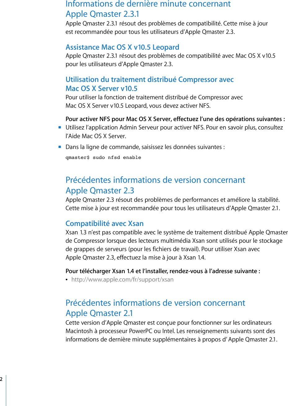 Page 2 of 11 - Apple AppleQmaster Informations De Dernière Minute User Manual Qmaster2.3.1-Informationsdedernièreminute Qmaster 2.0 Lbn F