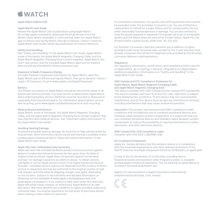 Page 1 of 2 - Apple Watch Series 3 Edition 38mm (3rd Gen) Info Guide User Manual - Safety, Warranty, And Regulatory Information Apple-watch-edition-series3-info