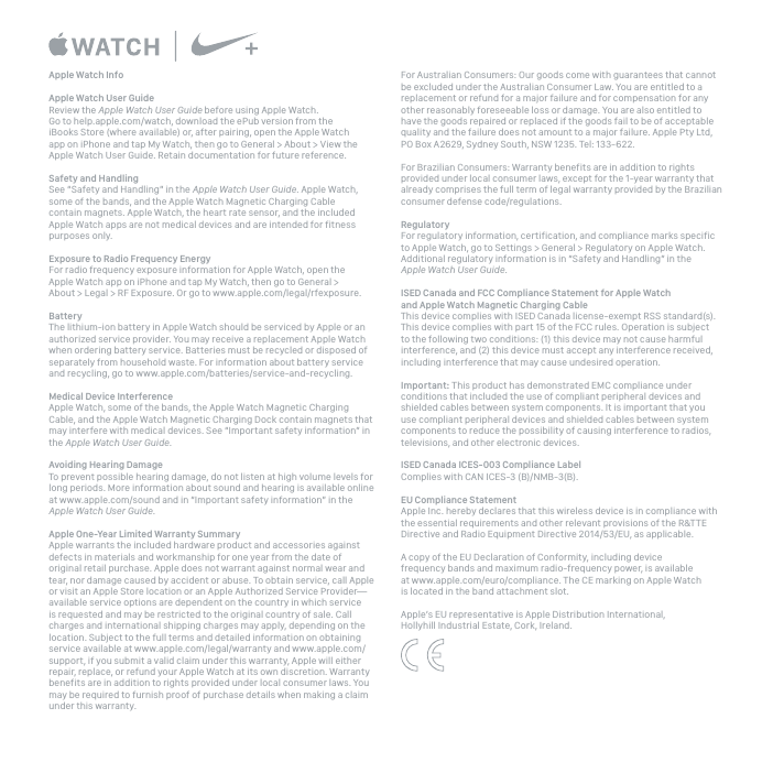 Apple Watch Series 3 Gps Nike 38mm 3rd Gen User Guide Manual Safety Warranty And Regulatory Information Nike Series3 Info