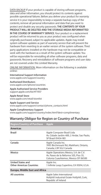 DATA BACKUP. If your product is capable of storing software programs, data and other information, you should protect its contents against possible operational failures. Before you deliver your product for warranty service it is your responsibility to keep a separate backup copy of the contents, remove all personal information and data that you want to protect and disable any security passwords. THE CONTENTS OF YOUR PRODUCT WILL BE DELETED AND THE STORAGE MEDIA REFORMATTED IN THE COURSE OF WARRANTY SERVICE. Your product or a replacement product will be returned to you as your product was congured when originally purchased, subject to applicable updates. Apple may install system software updates as part of warranty service that will prevent the hardware from reverting to an earlier version of the system software. Third party applications installed on the hardware may not be compatible or work with the hardware as a result of the system software update. You will be responsible for reinstalling all other software programs, data and passwords. Recovery and reinstallation of software programs and user data are not covered under this Limited Warranty.ONLINE INFORMATION. More information on the following is available online:International Support Information www.apple.com/support/countryAuthorized Distributors www.apple.com/iphone/countriesApple Authorized Service Providers support.apple.com/kb/HT1937Apple Retail Store www.apple.com/retail/storelistApple Support and Service www.apple.com/support/contact/phone_contacts.htmlApple Complimentary Support www.apple.com/support/country/index.html?dest=complimentaryWarranty Obligor for Region or Country of PurchaseRegion/Country of Purchase AppleAmericasBrazil Apple Computer Brasil Ltda Av. Cidade Jardim 400, 2 Andar, Sao Paulo, SP Brasil 01454-901Canada Apple Canada Inc. 7495 Birchmount Rd.; Markham, Ontario, Canada; L3R 5G2 CanadaMexico Apple Operations Mexico, S.A. de C.V. Av. Paseo de la Reforma 505, Piso 33, Colonia Cuauhtemoc, Mexico DF 06500United States and  Other Americas CountriesApple Inc. 1 Innite Loop; Cupertino, CA 95014, U.S.A.Europe, Middle East and AfricaAll countries Apple Sales International Hollyhill Industrial Estate Hollyhill, Cork, Republic of Ireland