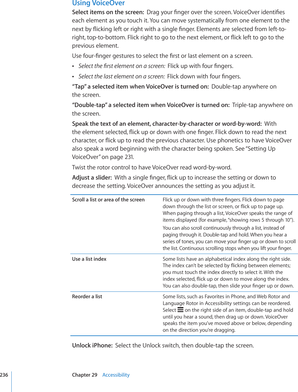 Using VoiceOverSelect items on the screen:  &amp;TCI[QWT°PIGTQXGTVJGUETGGP8QKEG1XGTKFGPVK°GUeach element as you touch it. You can move systematically from one element to the PGZVD[±KEMKPINGHVQTTKIJVYKVJCUKPING°PIGT&apos;NGOGPVUCTGUGNGEVGFHTQONGHVVQTKIJVVQRVQDQVVQO(NKEMTKIJVVQIQVQVJGPGZVGNGOGPVQT±KEMNGHVVQIQVQVJGprevious element.7UGHQWT°PIGTIGUVWTGUVQUGNGEVVJG°TUVQTNCUVGNGOGPVQPCUETGGP 5GNGEVVJG°TUVGNGOGPVQPCUETGGP(NKEMWRYKVJHQWT°PIGTU Select the last element on a screen:  (NKEMFQYPYKVJHQWT°PIGTU“Tap” a selected item when VoiceOver is turned on:  Double-tap anywhere on  the screen.“Double-tap” a selected item when VoiceOver is turned on:  Triple-tap anywhere on the screen.Speak the text of an element, character-by-character or word-by-word:  With VJGGNGOGPVUGNGEVGF±KEMWRQTFQYPYKVJQPG°PIGT(NKEMFQYPVQTGCFVJGPGZVEJCTCEVGTQT±KEMWRVQTGCFVJGRTGXKQWUEJCTCEVGT7UGRJQPGVKEUVQJCXG8QKEG1XGTalso speak a word beginning with the character being spoken. See “Setting Up VoiceOver” on page 231.Twist the rotor control to have VoiceOver read word-by-word.Adjust a slider:  9KVJCUKPING°PIGT±KEMWRVQKPETGCUGVJGUGVVKPIQTFQYPVQdecrease the setting. VoiceOver announces the setting as you adjust it.Scroll a list or area of the screen (NKEMWRQTFQYPYKVJVJTGG°PIGTU(NKEMFQYPVQRCIGFQYPVJTQWIJVJGNKUVQTUETGGPQT±KEMWRVQRCIGWRWhen paging through a list, VoiceOver speaks the range of items displayed (for example, “showing rows 5 through 10”).You can also scroll continuously through a list, instead of paging through it. Double-tap and hold. When you hear a UGTKGUQHVQPGU[QWECPOQXG[QWT°PIGTWRQTFQYPVQUETQNNVJGNKUV%QPVKPWQWUUETQNNKPIUVQRUYJGP[QWNKHV[QWT°PIGTUse a list index Some lists have an alphabetical index along the right side. 6JGKPFGZECP¨VDGUGNGEVGFD[±KEMKPIDGVYGGPGNGOGPVUyou must touch the index directly to select it. With the KPFGZUGNGEVGF±KEMWRQTFQYPVQOQXGCNQPIVJGKPFGZ;QWECPCNUQFQWDNGVCRVJGPUNKFG[QWT°PIGTWRQTFQYPReorder a list Some lists, such as Favorites in Phone, and Web Rotor and Language Rotor in Accessibility settings can be reordered. Select   on the right side of an item, double-tap and hold until you hear a sound, then drag up or down. VoiceOver speaks the item you’ve moved above or below, depending on the direction you’re dragging.Unlock iPhone:  Select the Unlock switch, then double-tap the screen.236 Chapter 29    Accessibility