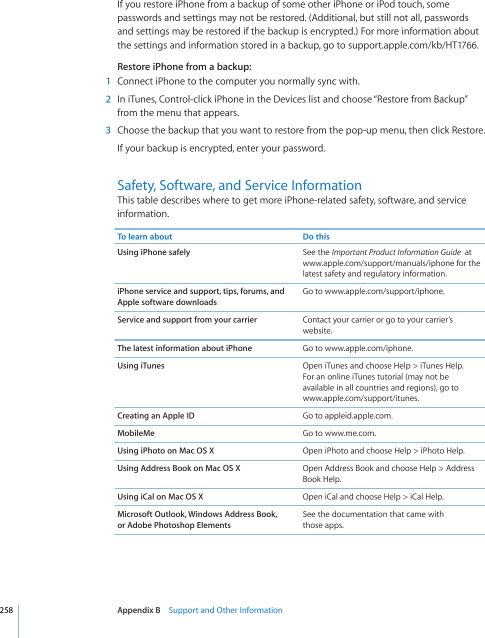 If you restore iPhone from a backup of some other iPhone or iPod touch, some passwords and settings may not be restored. (Additional, but still not all, passwords and settings may be restored if the backup is encrypted.) For more information about the settings and information stored in a backup, go to support.apple.com/kb/HT1766.Restore iPhone from a backup:    1  Connect iPhone to the computer you normally sync with.  2  In iTunes, Control-click iPhone in the Devices list and choose “Restore from Backup” from the menu that appears.  3  Choose the backup that you want to restore from the pop-up menu, then click Restore.If your backup is encrypted, enter your password.Safety, Software, and Service InformationThis table describes where to get more iPhone-related safety, software, and service information.To learn about Do thisUsing iPhone safely See the Important Product Information Guide  at www.apple.com/support/manuals/iphone for the latest safety and regulatory information.iPhone service and support, tips, forums, and Apple software downloadsGo to www.apple.com/support/iphone.Service and support from your carrier Contact your carrier or go to your carrier’s website.The latest information about iPhone Go to www.apple.com/iphone.Using iTunes Open iTunes and choose Help &gt; iTunes Help.  For an online iTunes tutorial (may not be available in all countries and regions), go to  www.apple.com/support/itunes.Creating an Apple ID Go to appleid.apple.com.MobileMe Go to www.me.com.Using iPhoto on Mac OS X Open iPhoto and choose Help &gt; iPhoto Help.Using Address Book on Mac OS X Open Address Book and choose Help &gt; Address Book Help.Using iCal on Mac OS X Open iCal and choose Help &gt; iCal Help.Microsoft Outlook, Windows Address Book,  or Adobe Photoshop ElementsSee the documentation that came with  those apps.258 Appendix B    Support and Other Information