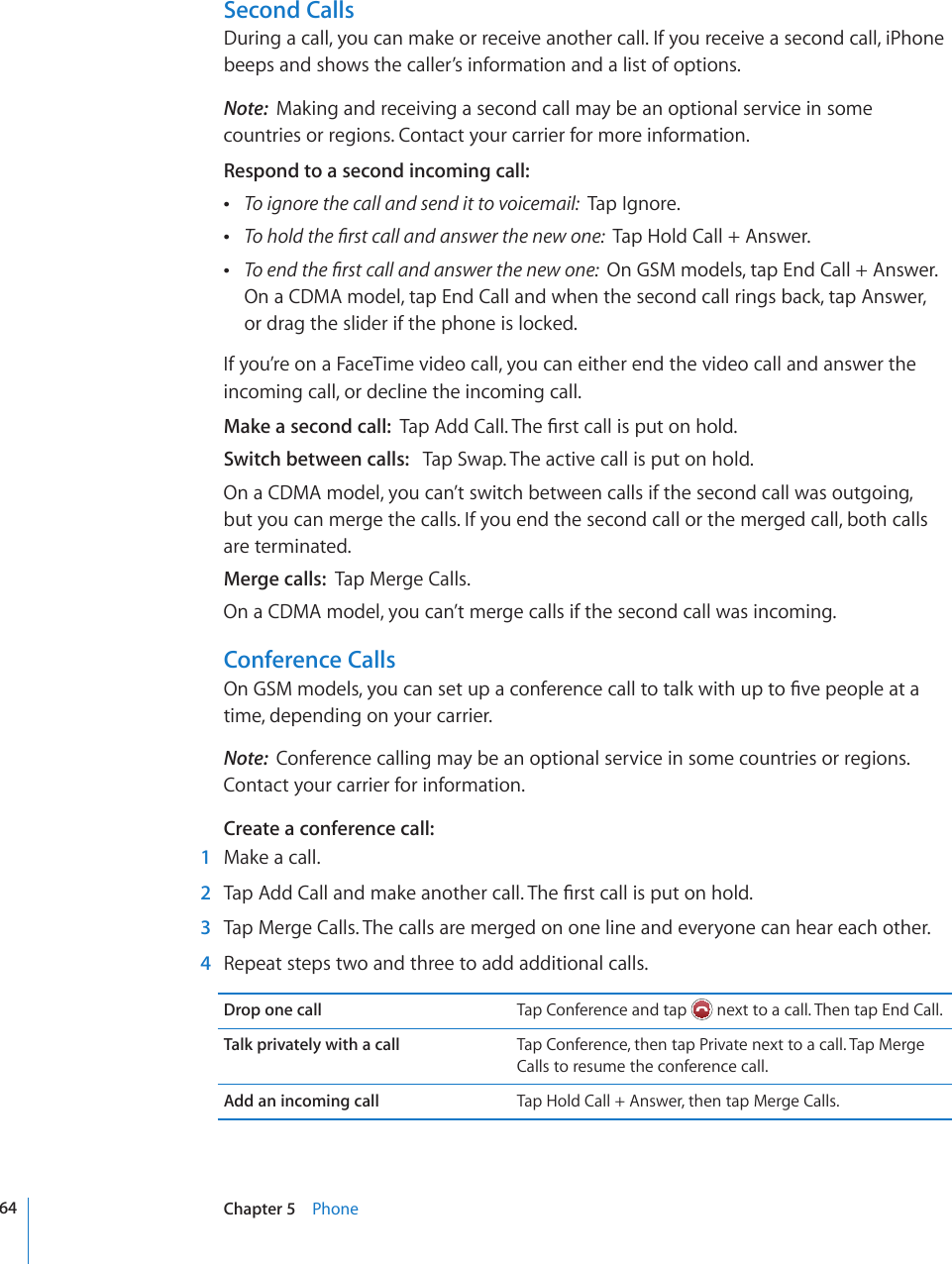 Second CallsDuring a call, you can make or receive another call. If you receive a second call, iPhone beeps and shows the caller’s information and a list of options.Note:  Making and receiving a second call may be an optional service in some countries or regions. Contact your carrier for more information.Respond to a second incoming call:   To ignore the call and send it to voicemail:  Tap Ignore. 6QJQNFVJG°TUVECNNCPFCPUYGTVJGPGYQPGTap Hold Call + Answer. 6QGPFVJG°TUVECNNCPFCPUYGTVJGPGYQPGOn GSM models, tap End Call + Answer. On a CDMA model, tap End Call and when the second call rings back, tap Answer,  or drag the slider if the phone is locked.If you’re on a FaceTime video call, you can either end the video call and answer the incoming call, or decline the incoming call.Make a second call:  6CR#FF%CNN6JG°TUVECNNKURWVQPJQNFSwitch between calls:   Tap Swap. The active call is put on hold.On a CDMA model, you can’t switch between calls if the second call was outgoing,  but you can merge the calls. If you end the second call or the merged call, both calls are terminated.Merge calls:  Tap Merge Calls.On a CDMA model, you can’t merge calls if the second call was incoming.Conference Calls1P)5/OQFGNU[QWECPUGVWRCEQPHGTGPEGECNNVQVCNMYKVJWRVQ°XGRGQRNGCVCtime, depending on your carrier.Note:  Conference calling may be an optional service in some countries or regions. Contact your carrier for information.Create a conference call:    1  Make a call.  2 6CR#FF%CNNCPFOCMGCPQVJGTECNN6JG°TUVECNNKURWVQPJQNF  3  Tap Merge Calls. The calls are merged on one line and everyone can hear each other.  4  Repeat steps two and three to add additional calls.Drop one call Tap Conference and tap   next to a call. Then tap End Call.Talk privately with a call Tap Conference, then tap Private next to a call. Tap Merge Calls to resume the conference call.Add an incoming call Tap Hold Call + Answer, then tap Merge Calls.64 Chapter 5    Phone
